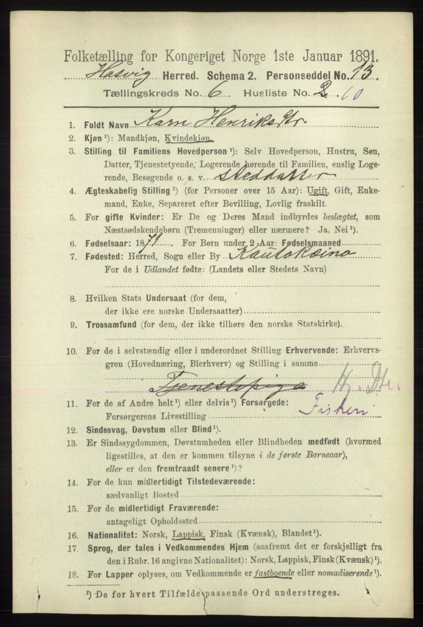 RA, 1891 census for 2015 Hasvik, 1891, p. 953