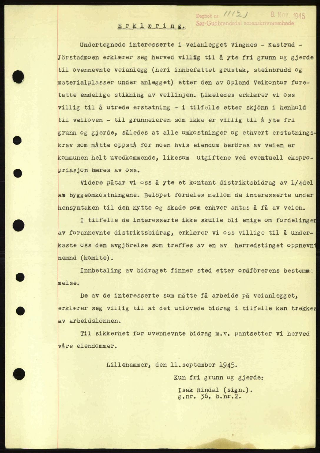 Sør-Gudbrandsdal tingrett, SAH/TING-004/H/Hb/Hbd/L0014: Mortgage book no. A14, 1944-1945, Diary no: : 1112/1945