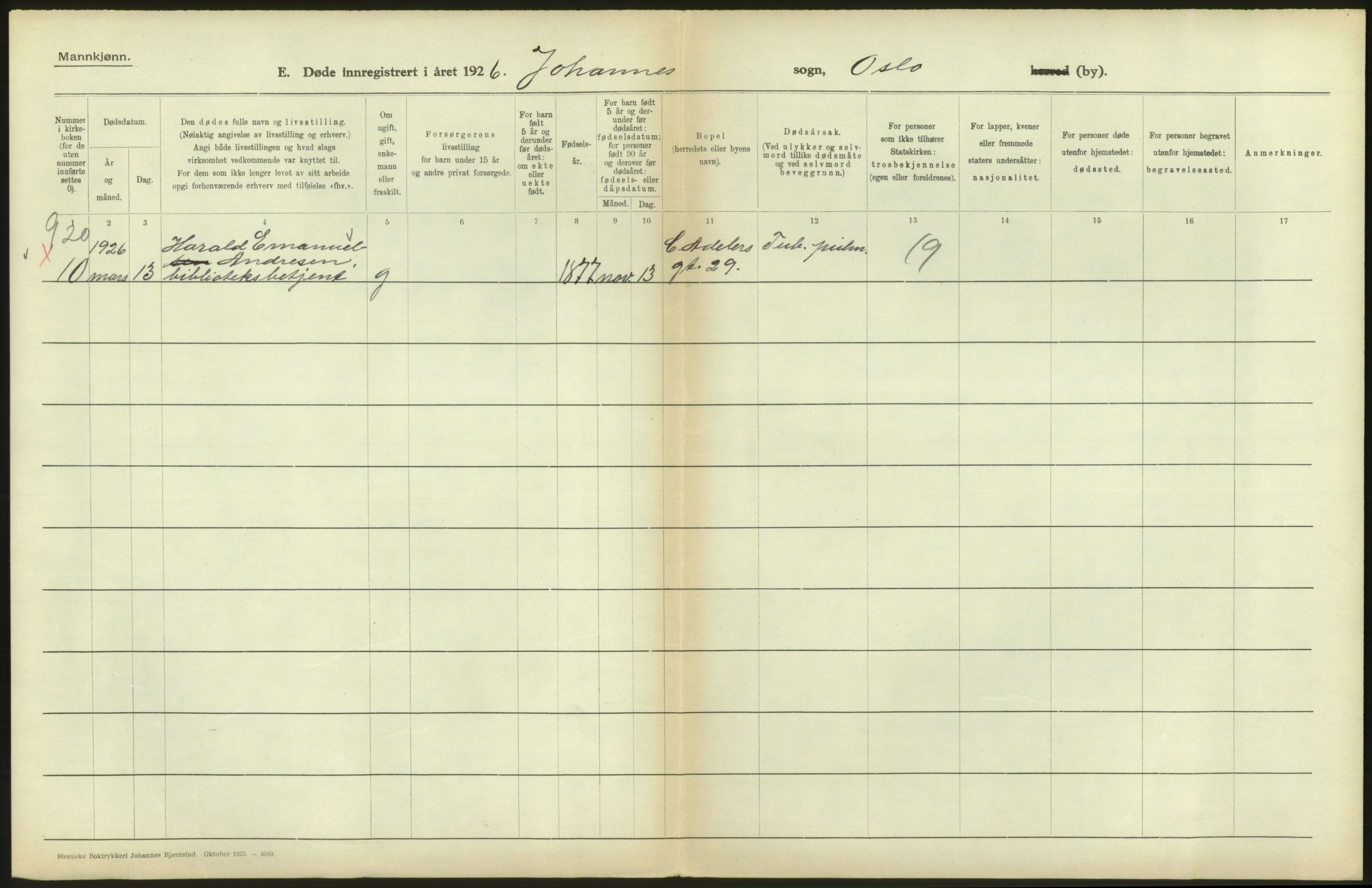 Statistisk sentralbyrå, Sosiodemografiske emner, Befolkning, AV/RA-S-2228/D/Df/Dfc/Dfcf/L0009: Oslo: Døde menn, 1926, p. 116