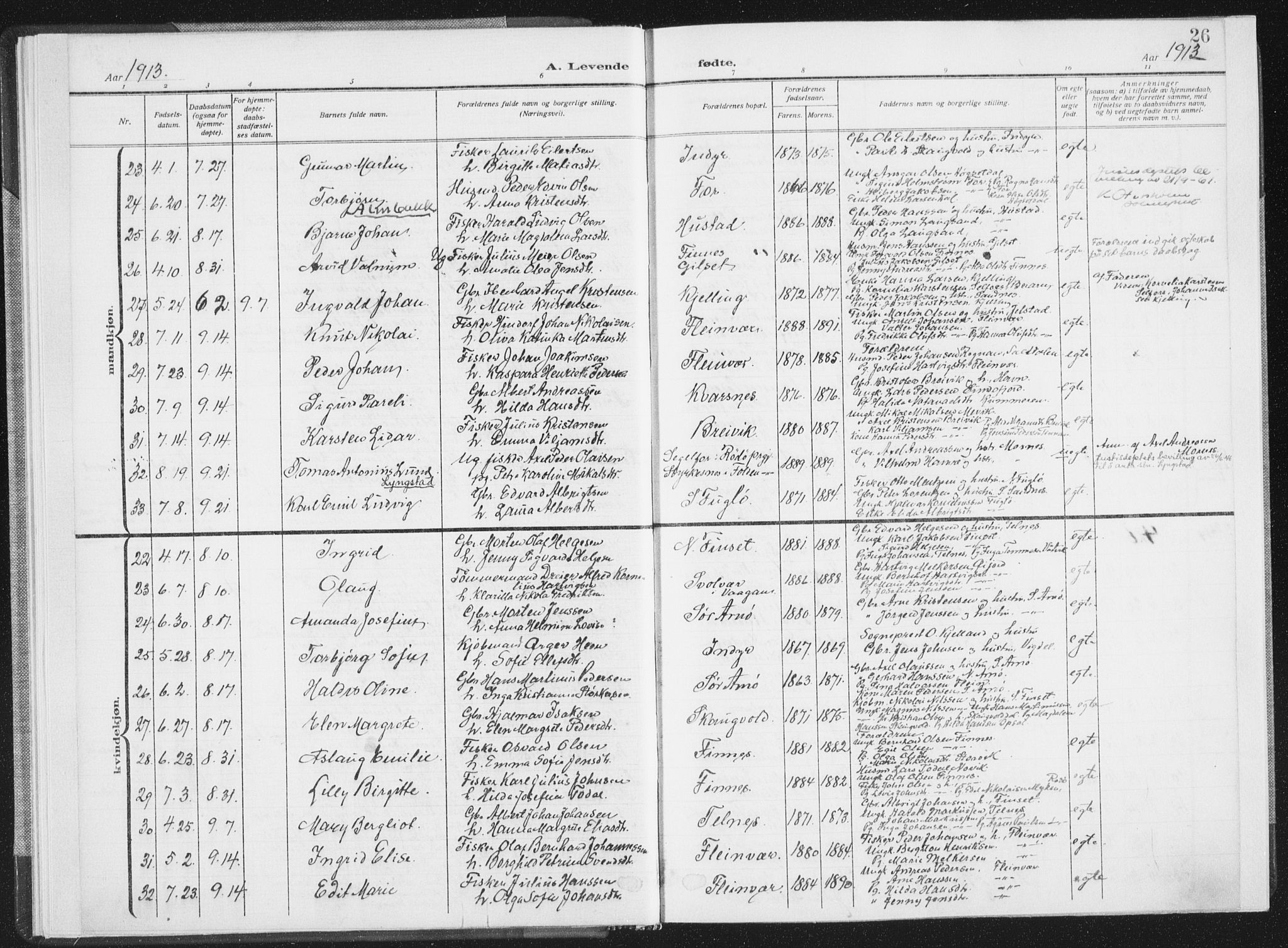 Ministerialprotokoller, klokkerbøker og fødselsregistre - Nordland, AV/SAT-A-1459/805/L0104: Parish register (official) no. 805A09, 1909-1926, p. 26
