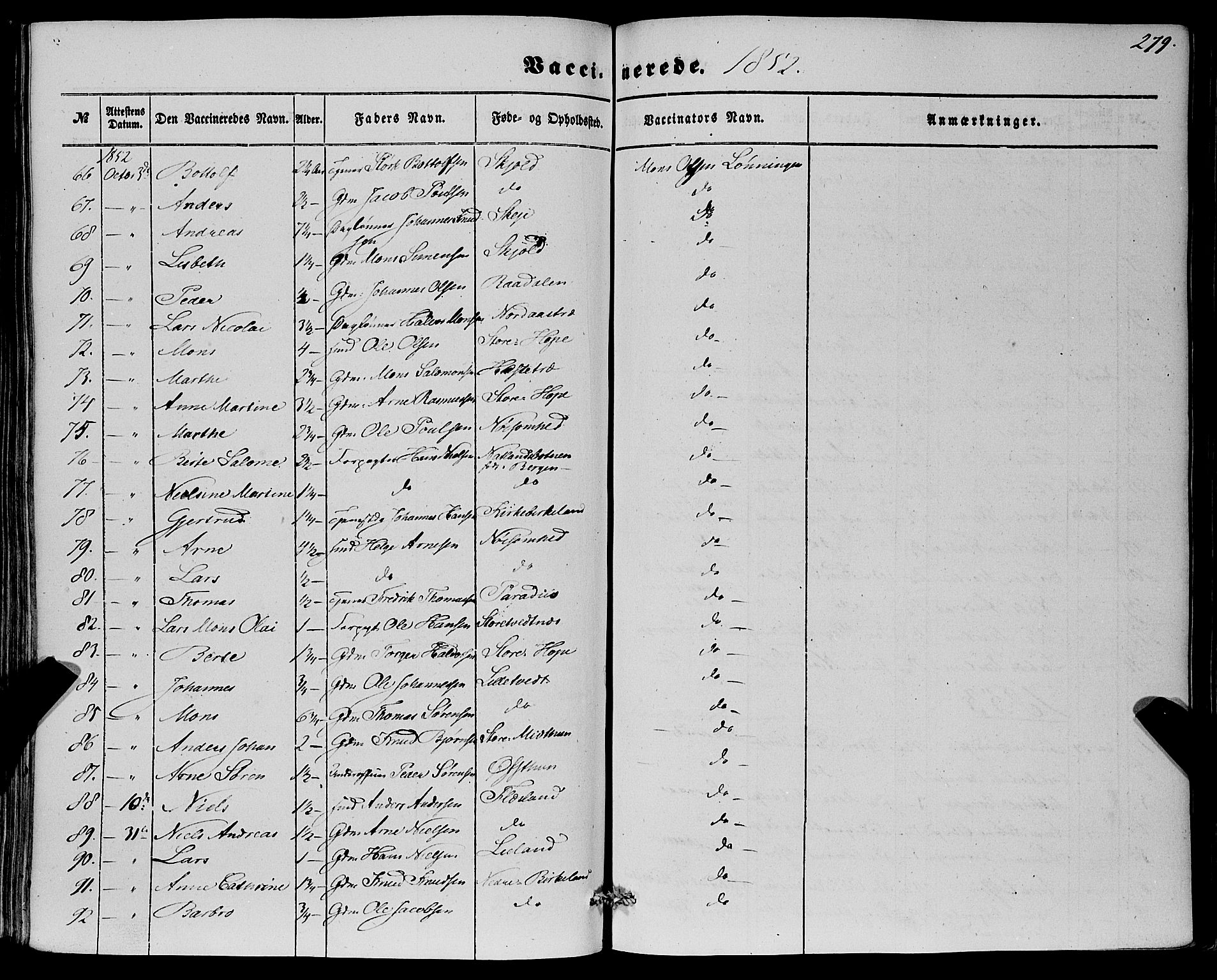 Fana Sokneprestembete, AV/SAB-A-75101/H/Haa/Haaa/L0011: Parish register (official) no. A 11, 1851-1862, p. 279