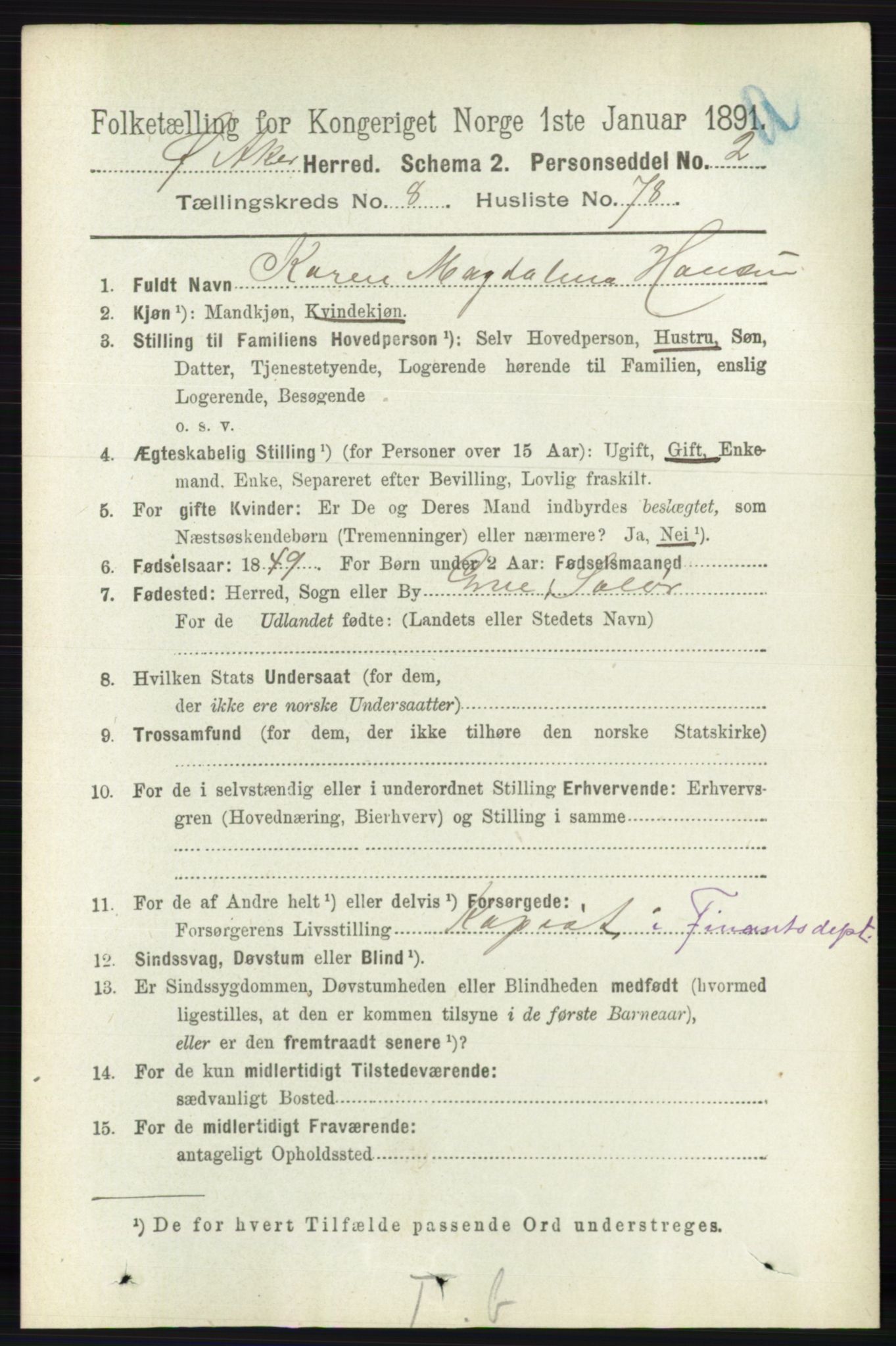 RA, 1891 census for 0218 Aker, 1891, p. 7896