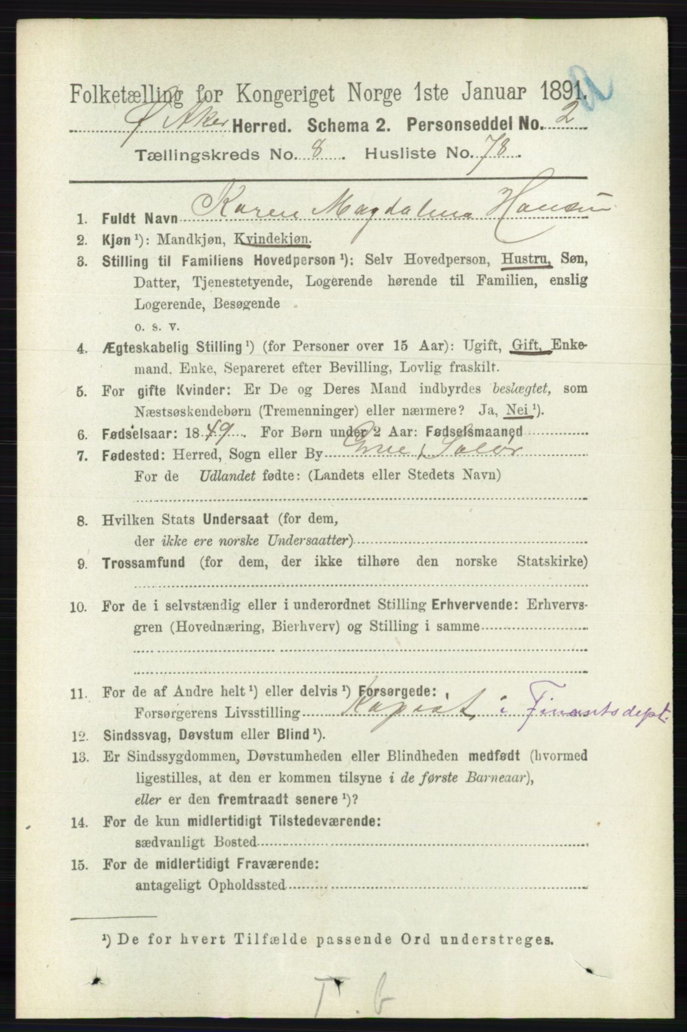 RA, 1891 census for 0218 Aker, 1891, p. 7896