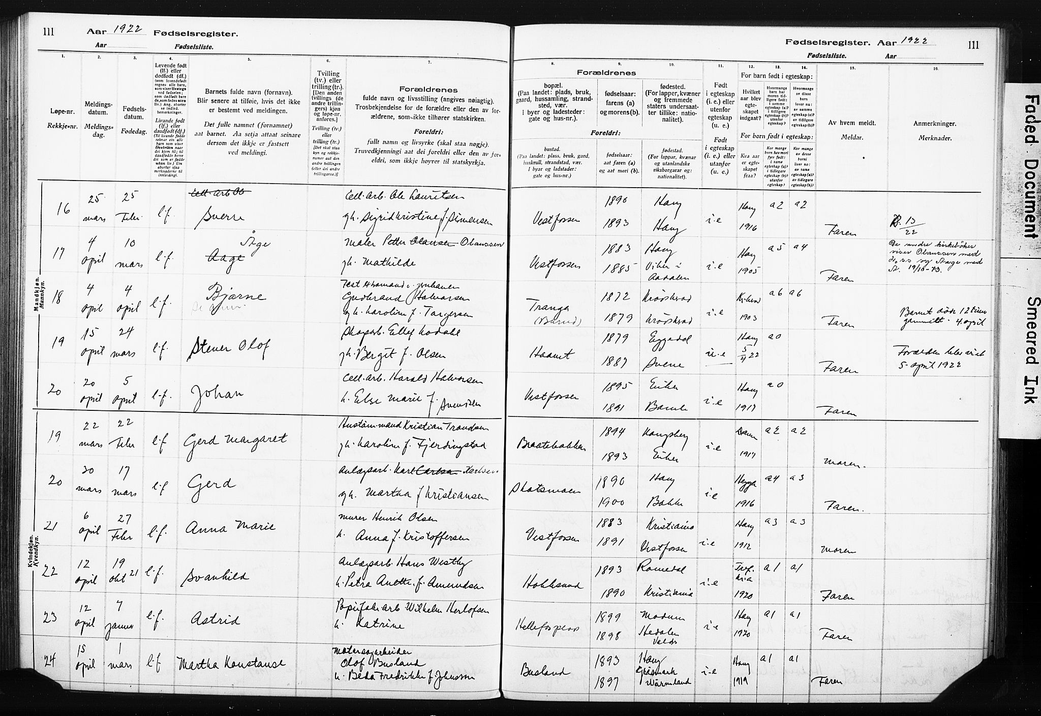 Eiker kirkebøker, AV/SAKO-A-4/J/Ja/L0001: Birth register no. I 1, 1916-1927, p. 111