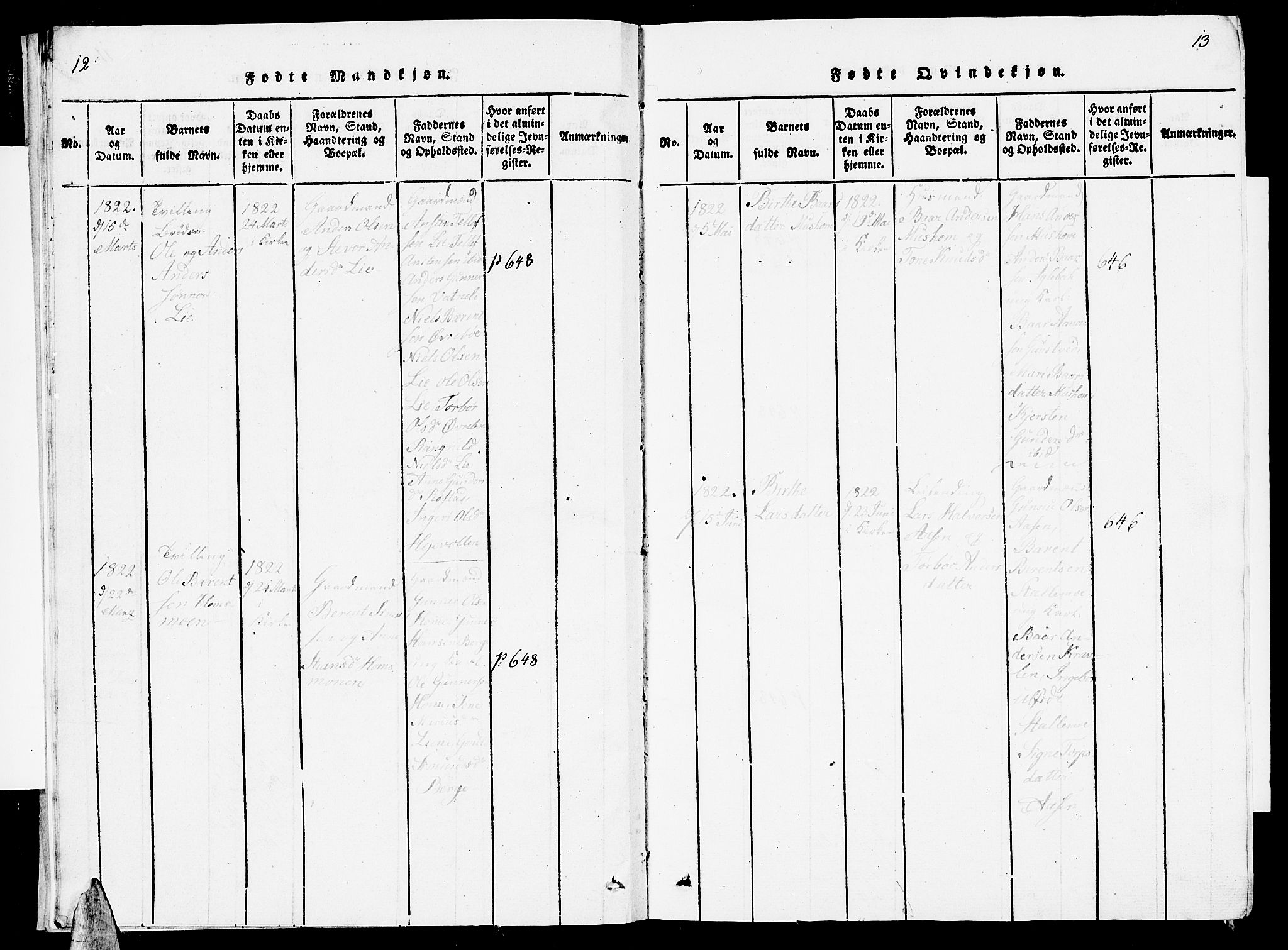 Vennesla sokneprestkontor, AV/SAK-1111-0045/Fb/Fbc/L0001: Parish register (copy) no. B 1, 1820-1834, p. 12-13