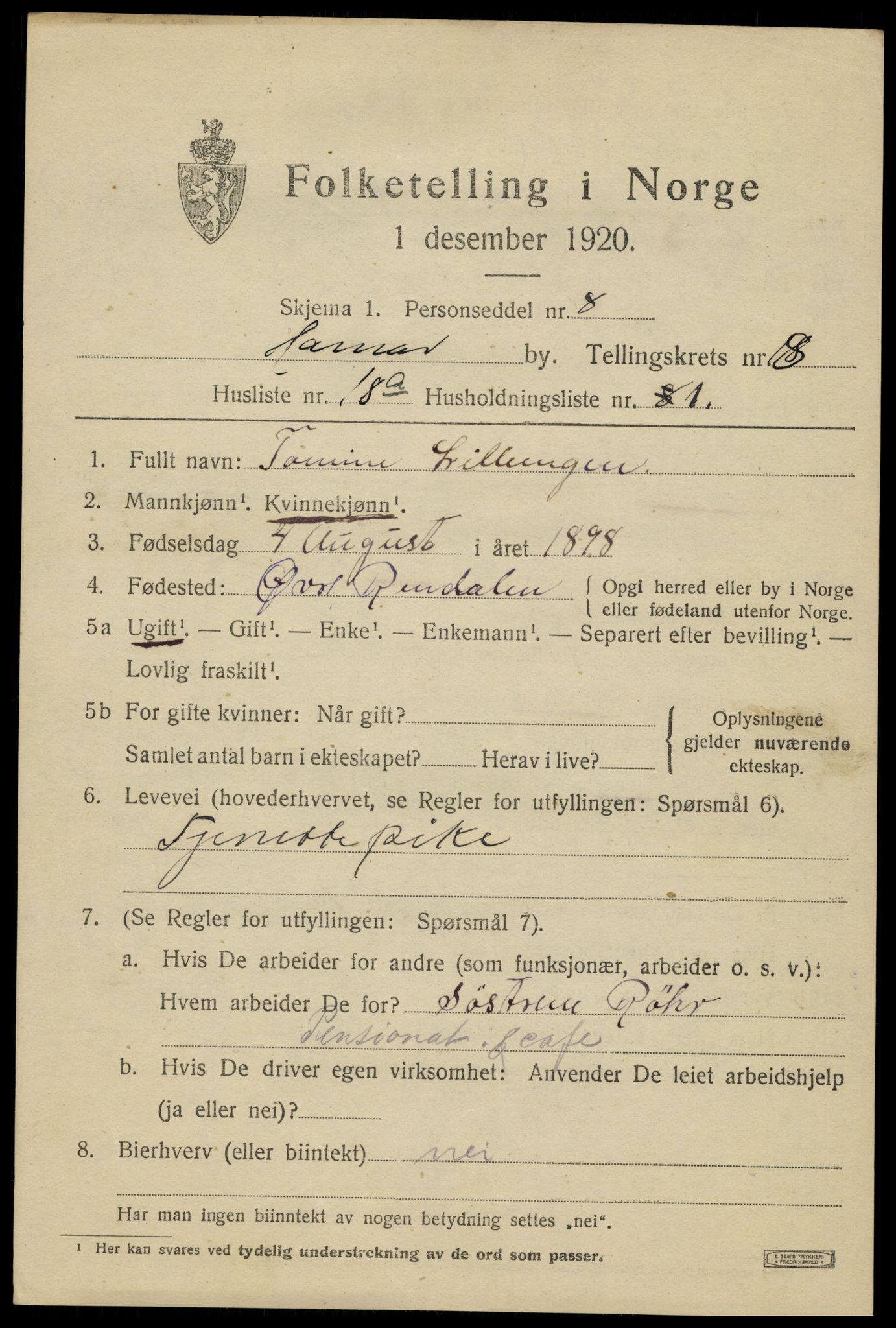 SAH, 1920 census for Hamar, 1920, p. 14905