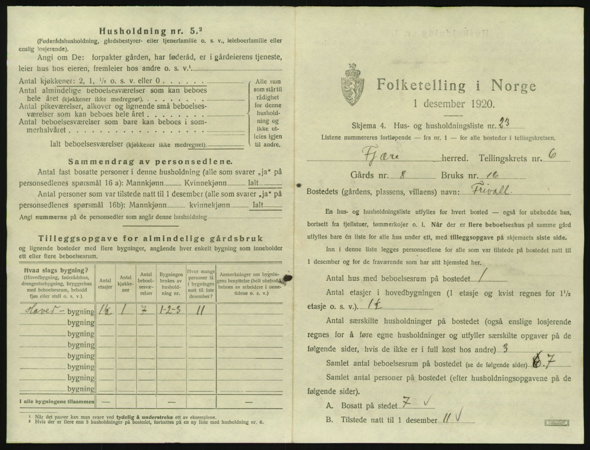 SAK, 1920 census for Fjære, 1920, p. 1233