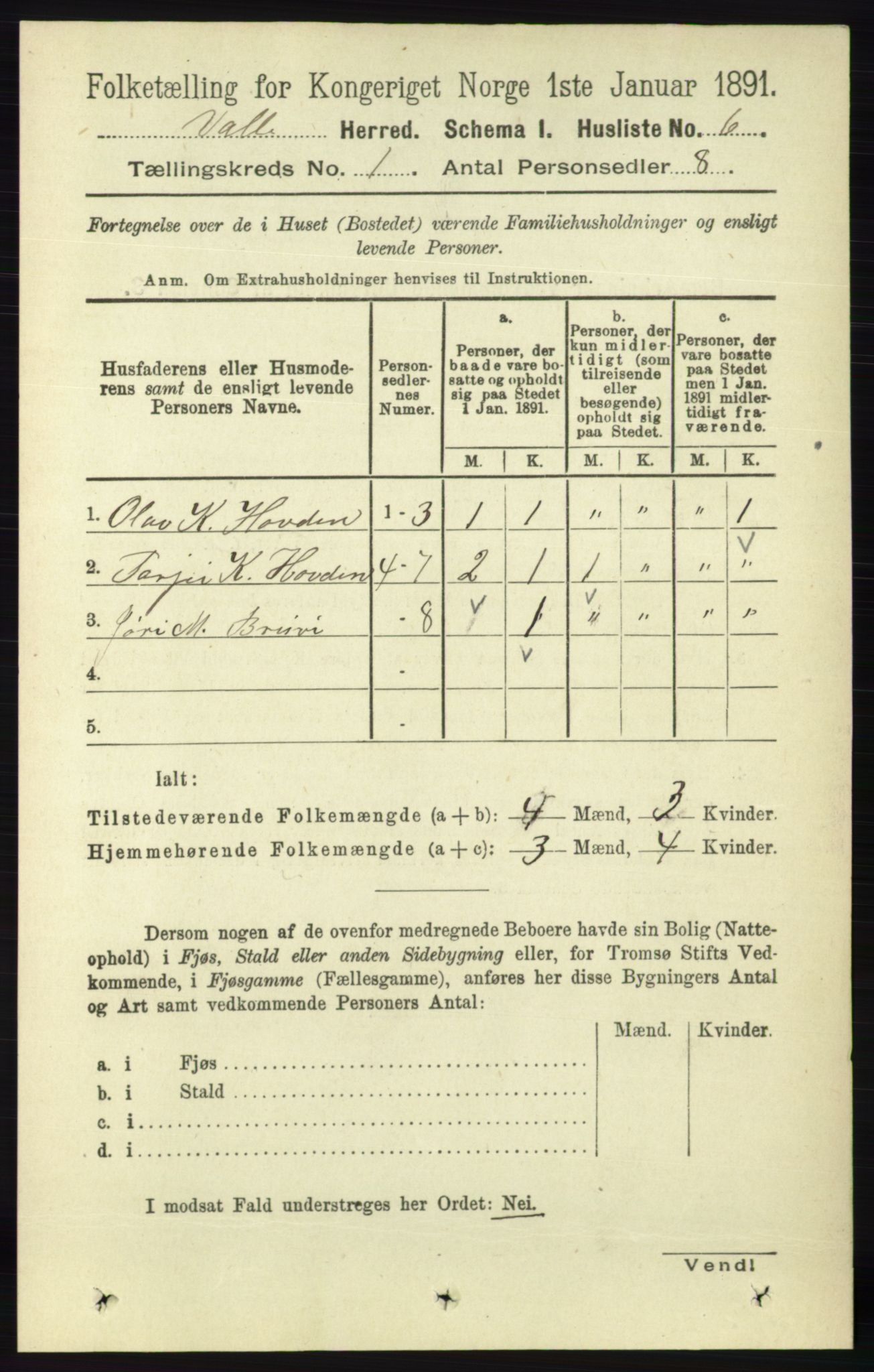 RA, 1891 census for 0940 Valle, 1891, p. 30