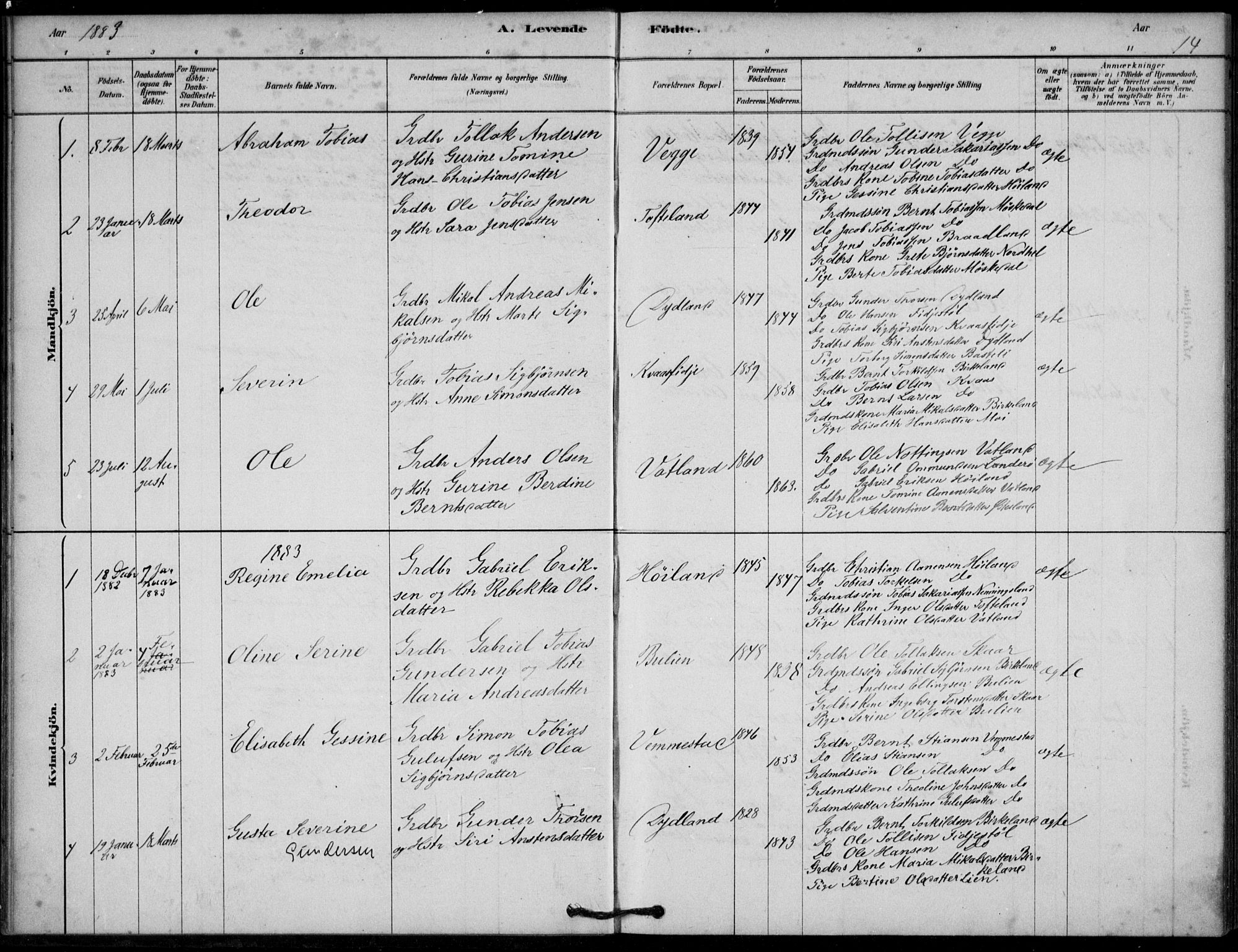 Lyngdal sokneprestkontor, SAK/1111-0029/F/Fa/Fab/L0003: Parish register (official) no. A 3, 1878-1903, p. 14