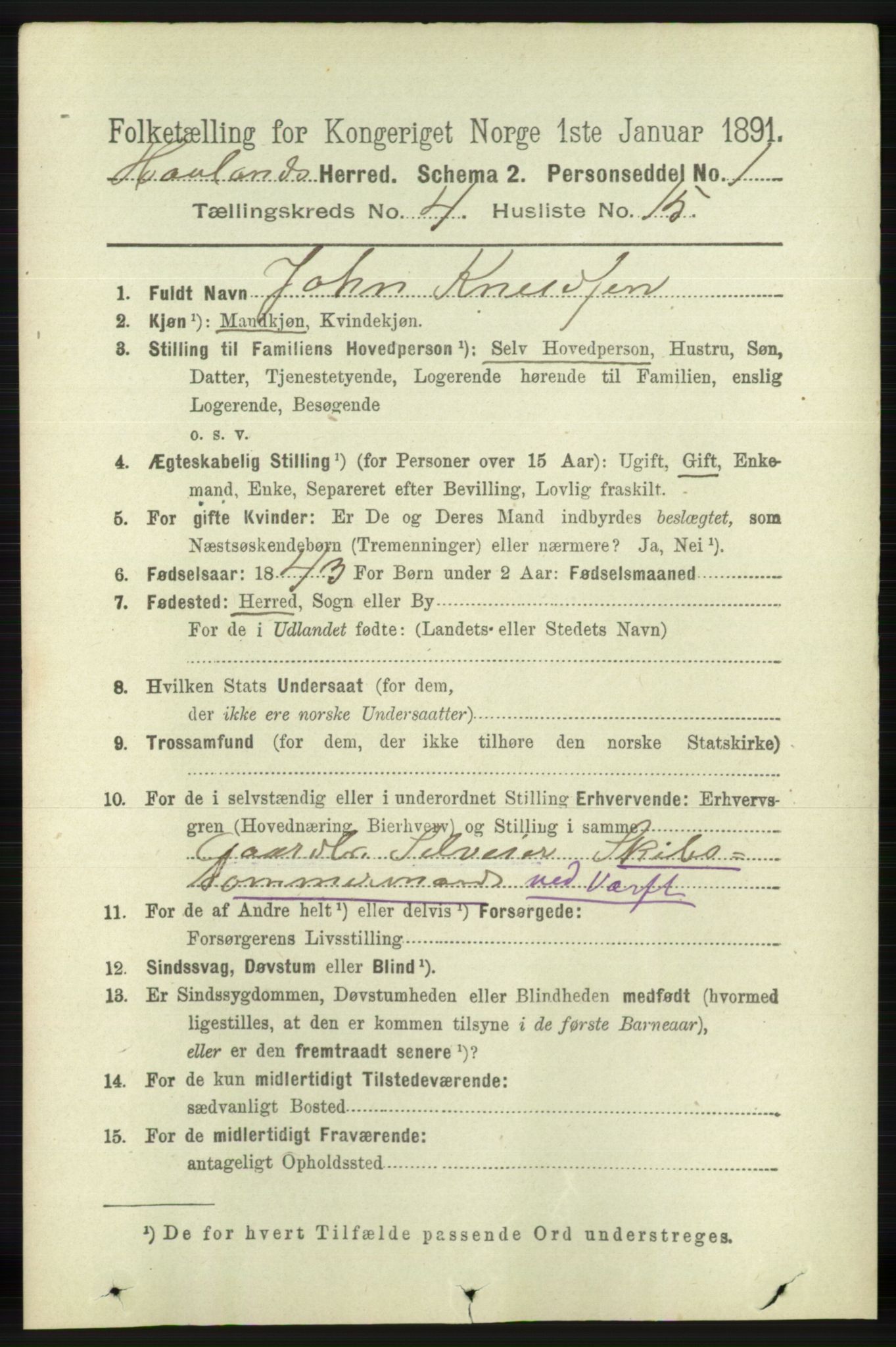 RA, 1891 census for 1124 Haaland, 1891, p. 2501