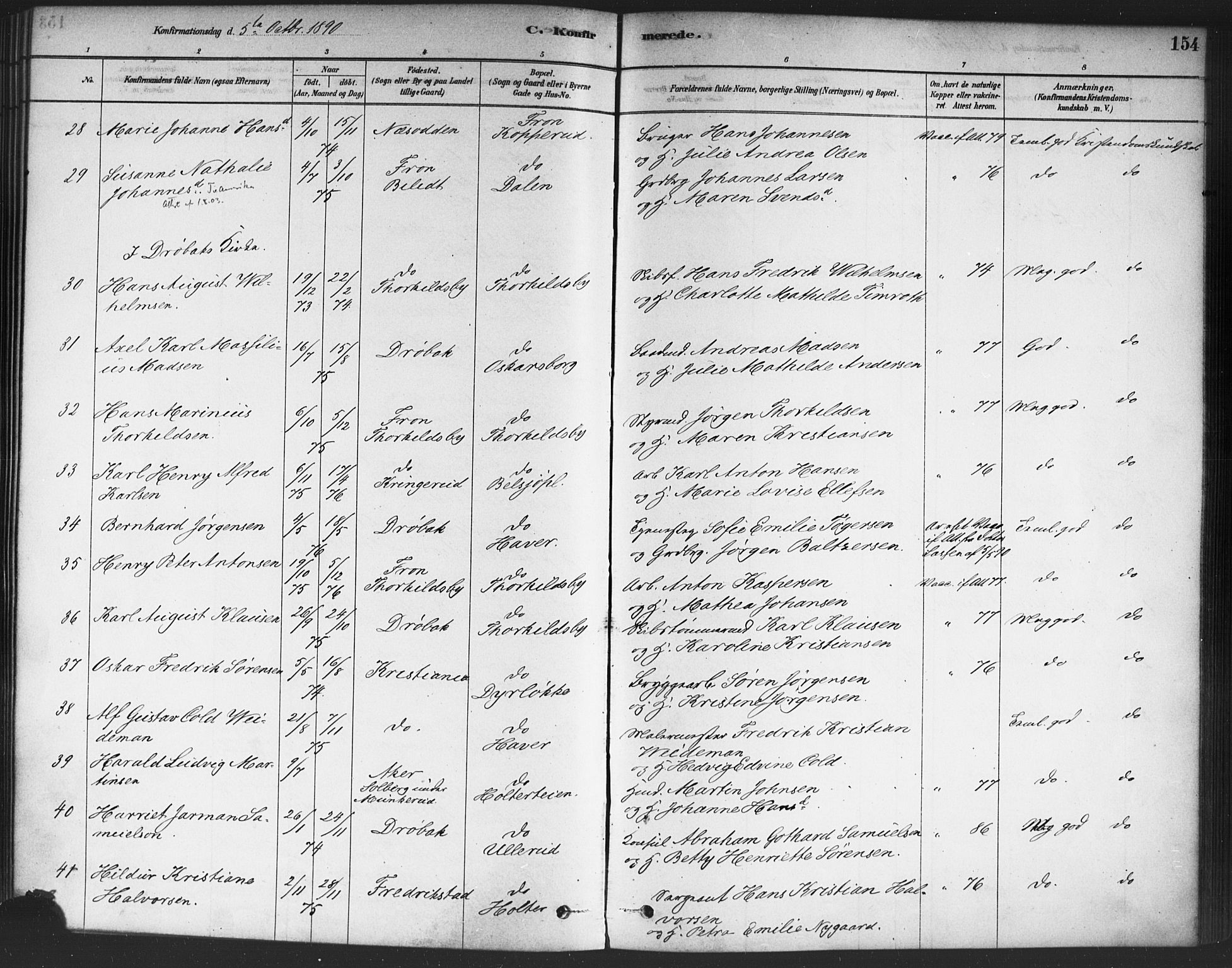 Drøbak prestekontor Kirkebøker, AV/SAO-A-10142a/F/Fc/L0002: Parish register (official) no. III 2, 1878-1891, p. 154