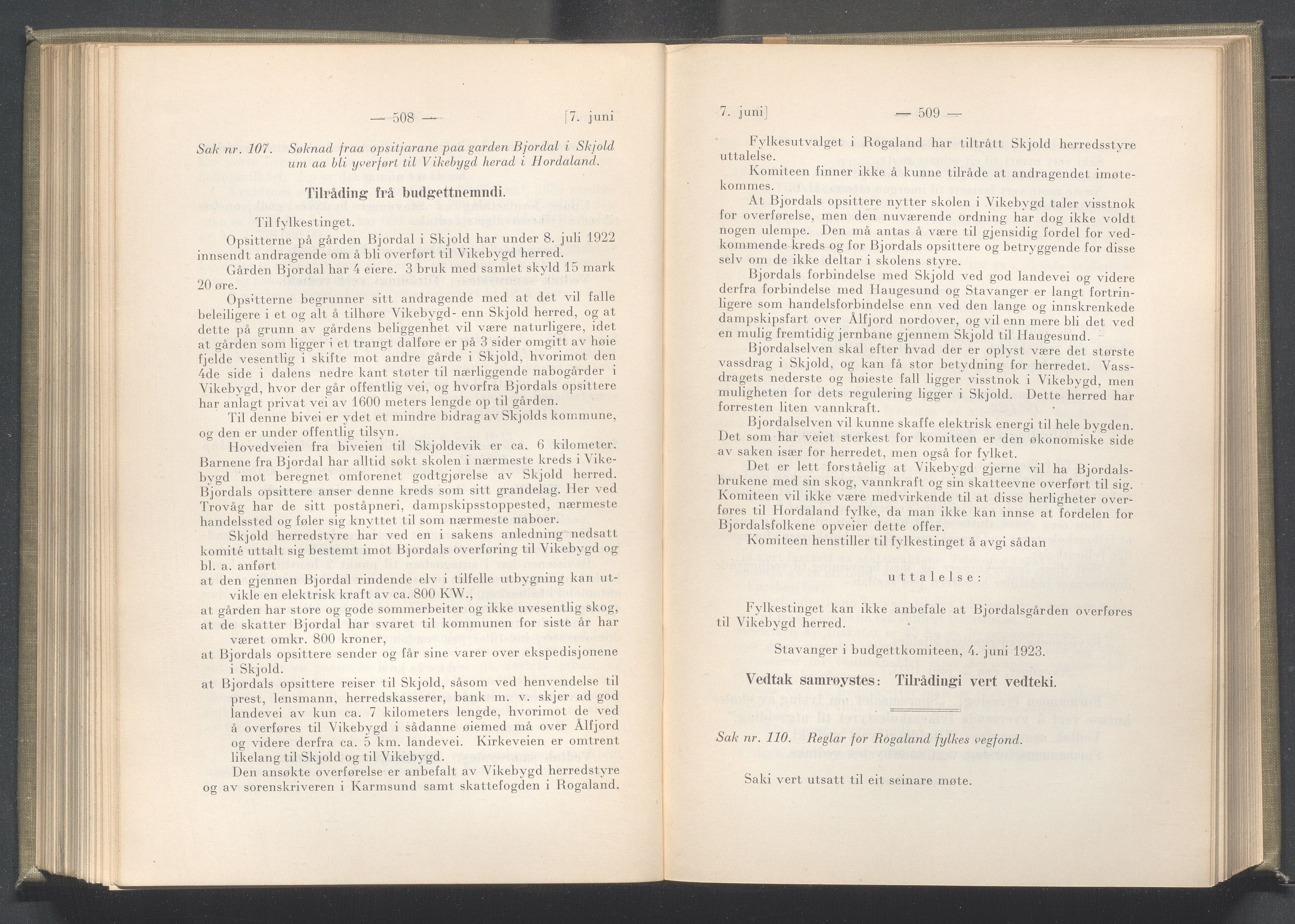 Rogaland fylkeskommune - Fylkesrådmannen , IKAR/A-900/A/Aa/Aaa/L0042: Møtebok , 1923, p. 508-509