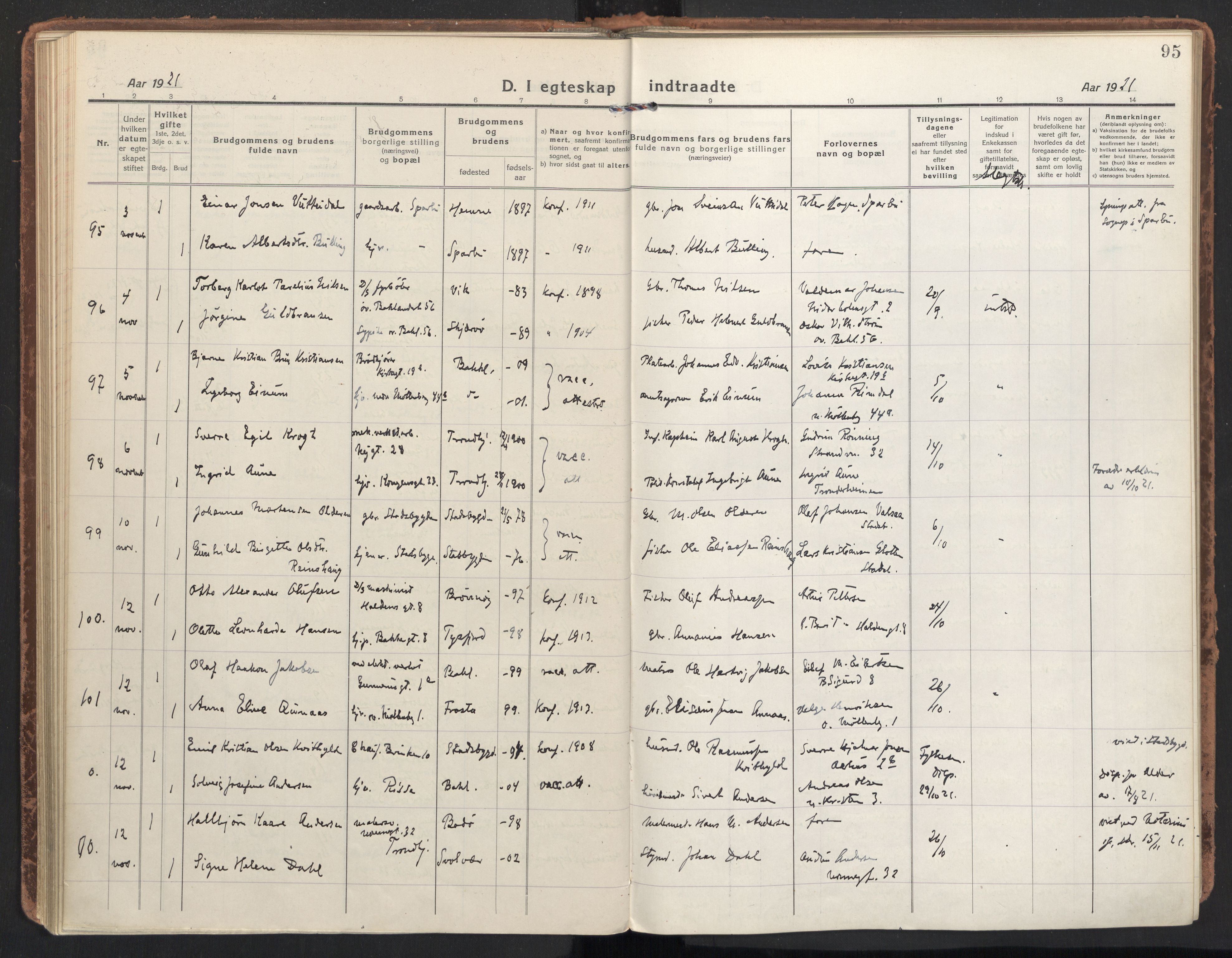 Ministerialprotokoller, klokkerbøker og fødselsregistre - Sør-Trøndelag, AV/SAT-A-1456/604/L0206: Parish register (official) no. 604A26, 1917-1931, p. 95