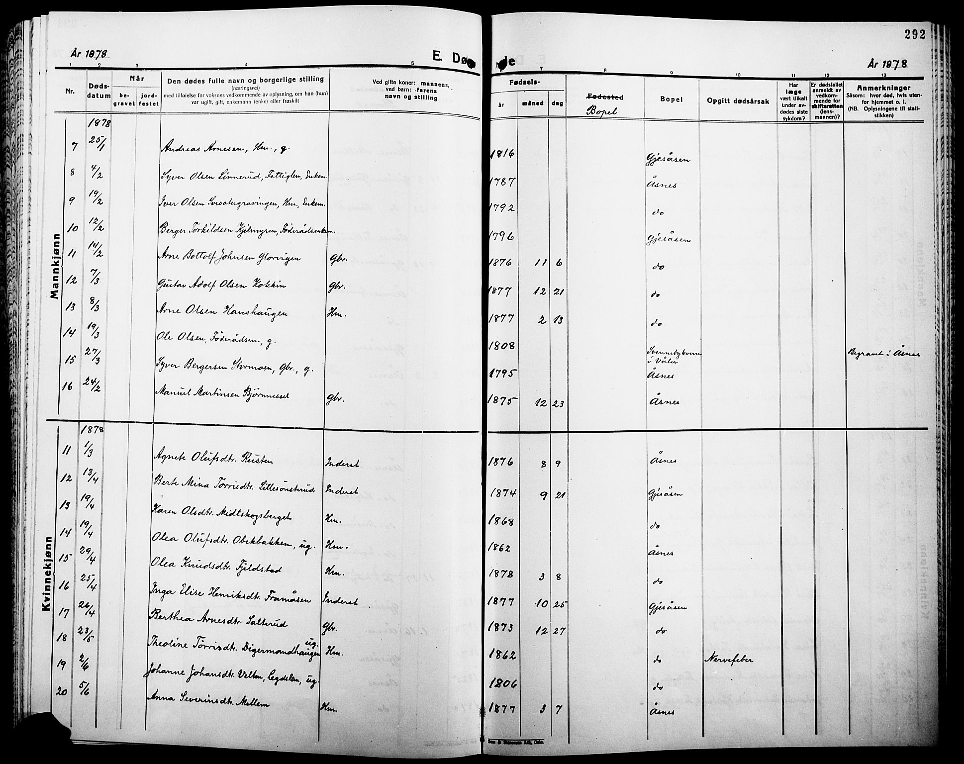 Åsnes prestekontor, AV/SAH-PREST-042/H/Ha/Haa/L0000B: Parish register (official), 1870-1889, p. 292