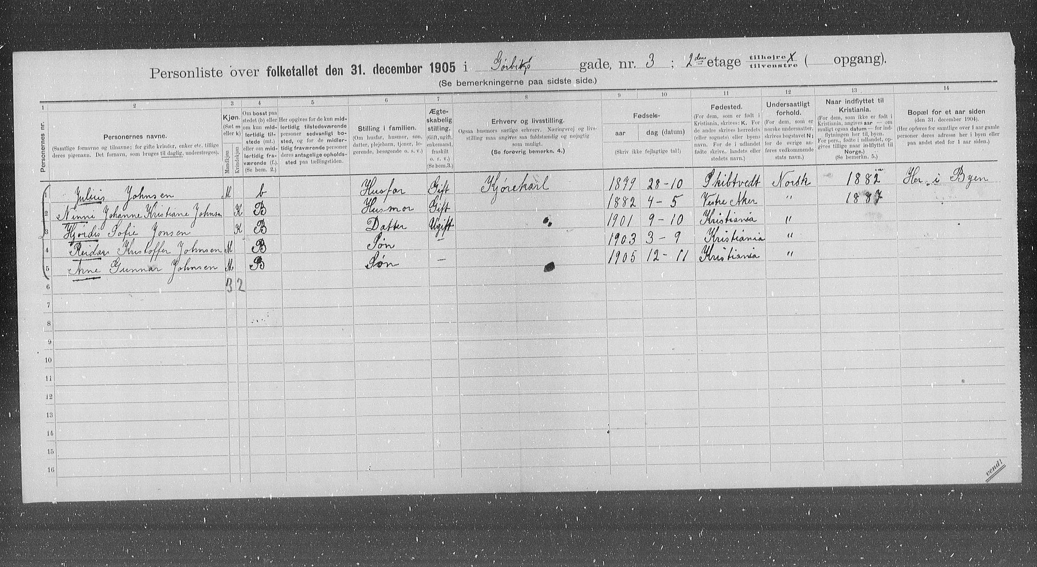 OBA, Municipal Census 1905 for Kristiania, 1905, p. 17190