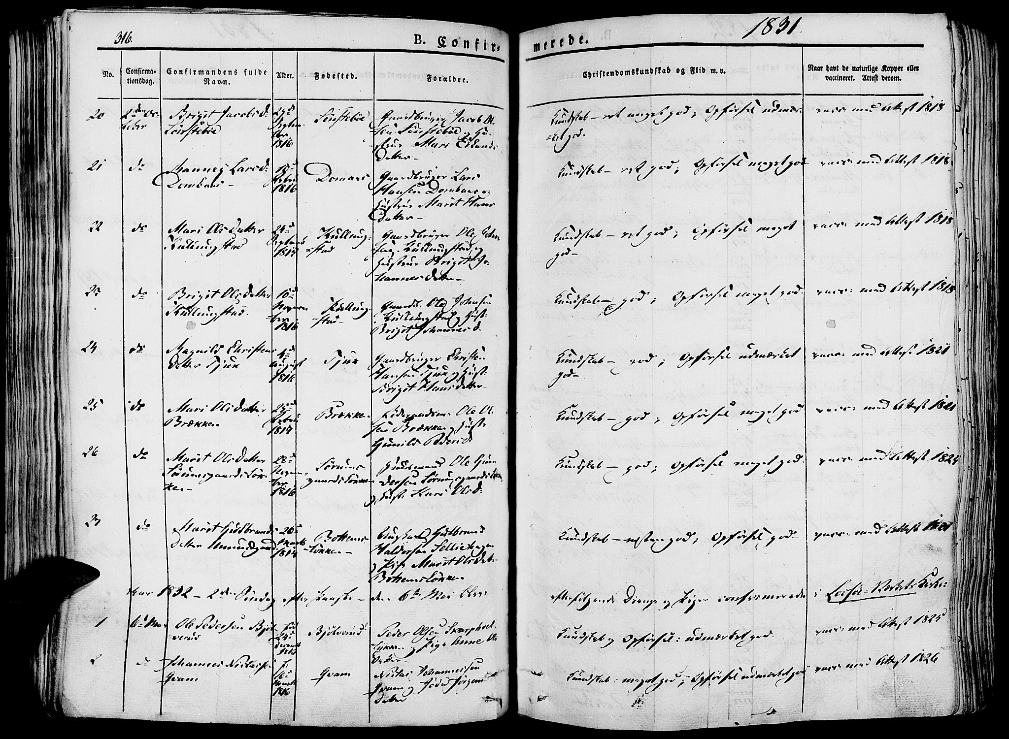 Lesja prestekontor, SAH/PREST-068/H/Ha/Haa/L0005: Parish register (official) no. 5, 1830-1842, p. 316