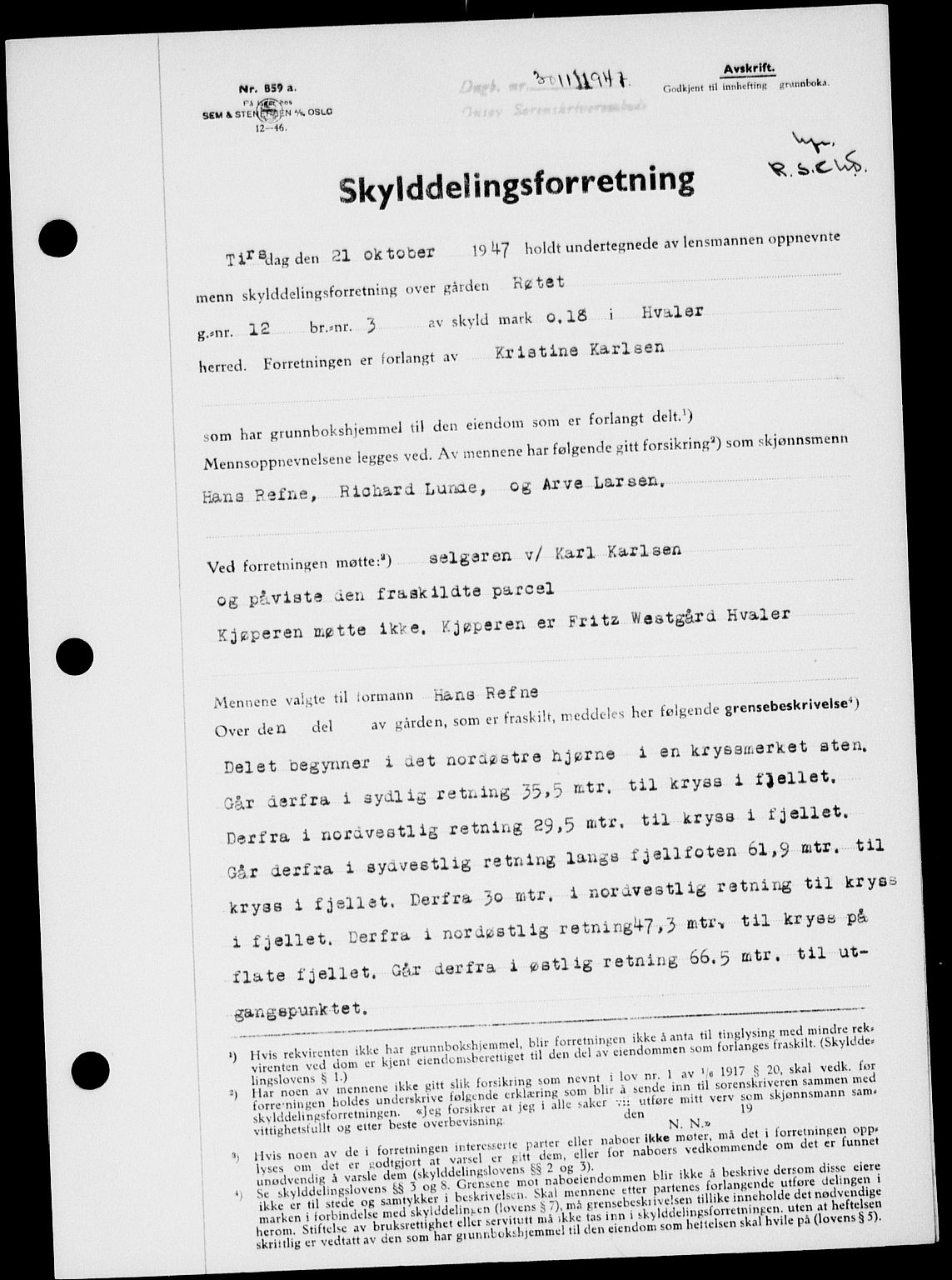 Onsøy sorenskriveri, SAO/A-10474/G/Ga/Gab/L0021: Mortgage book no. II A-21, 1947-1947, Diary no: : 3011/1947