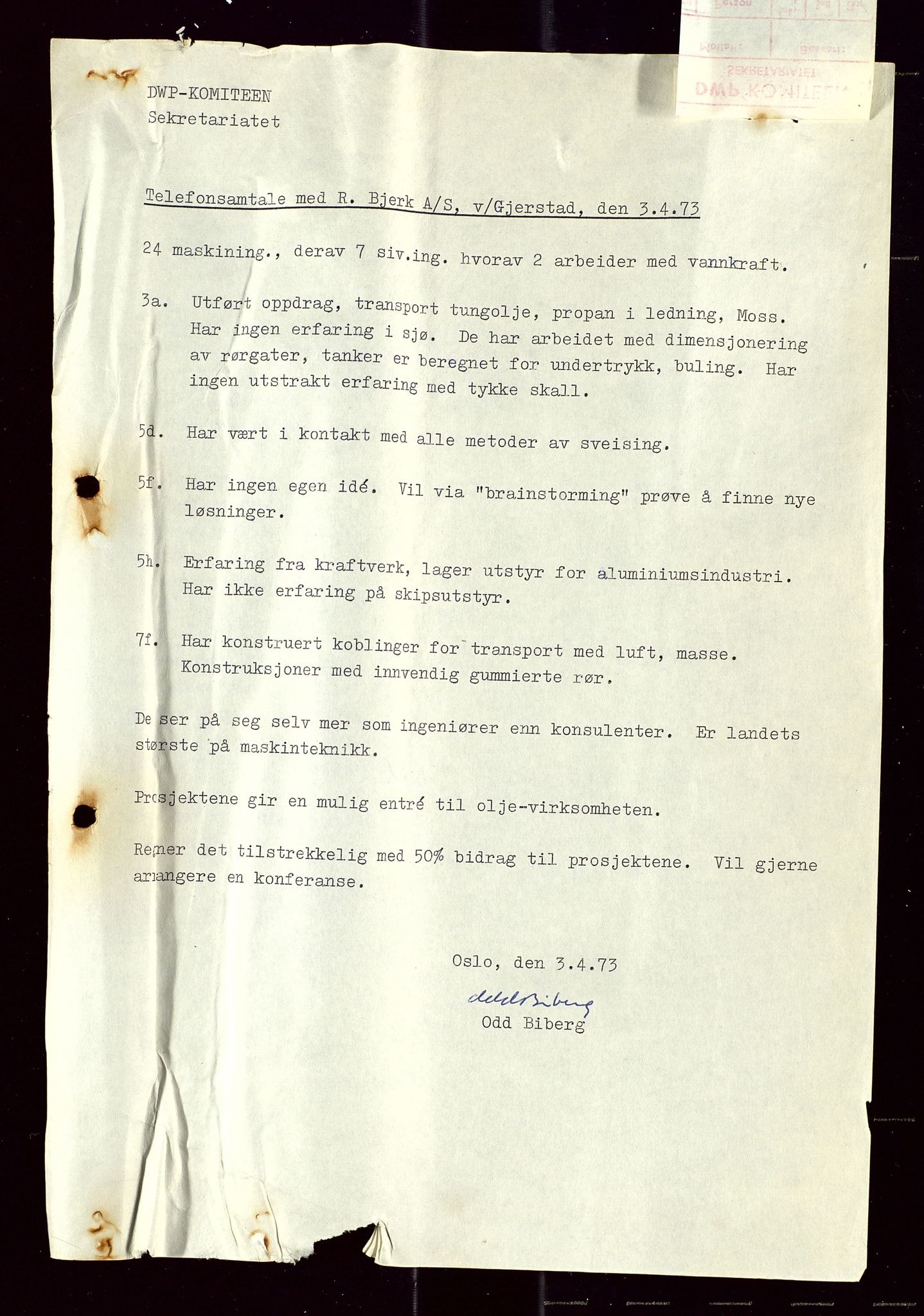 Industridepartementet, Oljekontoret, AV/SAST-A-101348/Di/L0005: DWP, 761 forskning/teknologi, 2 prot. DWP feasibility study, 1972-1975, p. 206