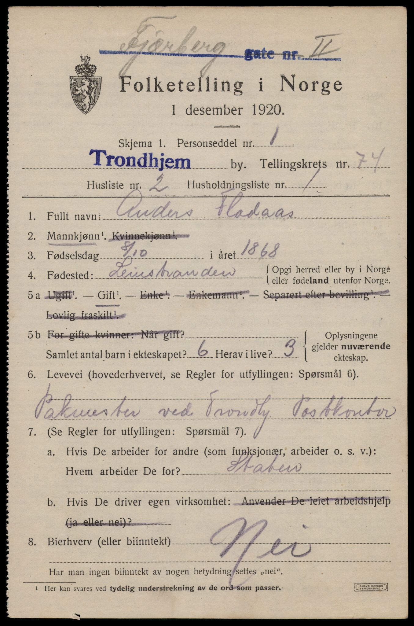 SAT, 1920 census for Trondheim, 1920, p. 143780