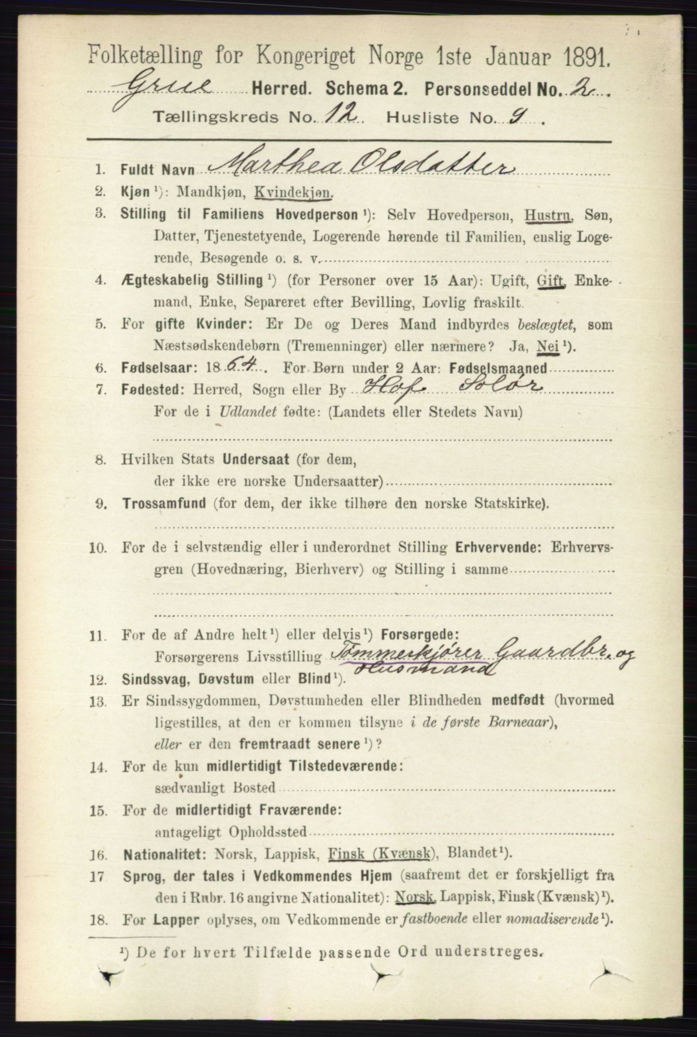 RA, 1891 census for 0423 Grue, 1891, p. 6168