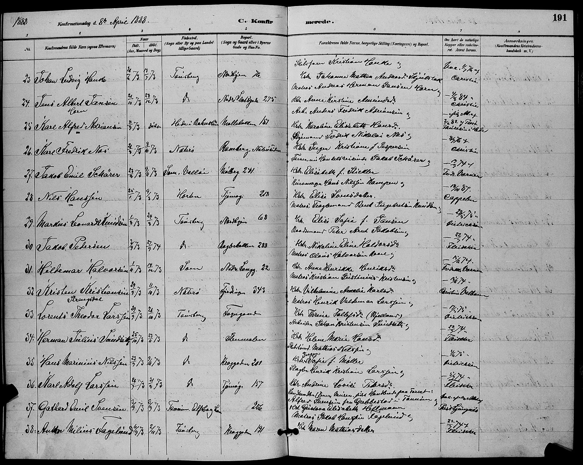 Tønsberg kirkebøker, AV/SAKO-A-330/G/Ga/L0006: Parish register (copy) no. 6, 1885-1895, p. 191