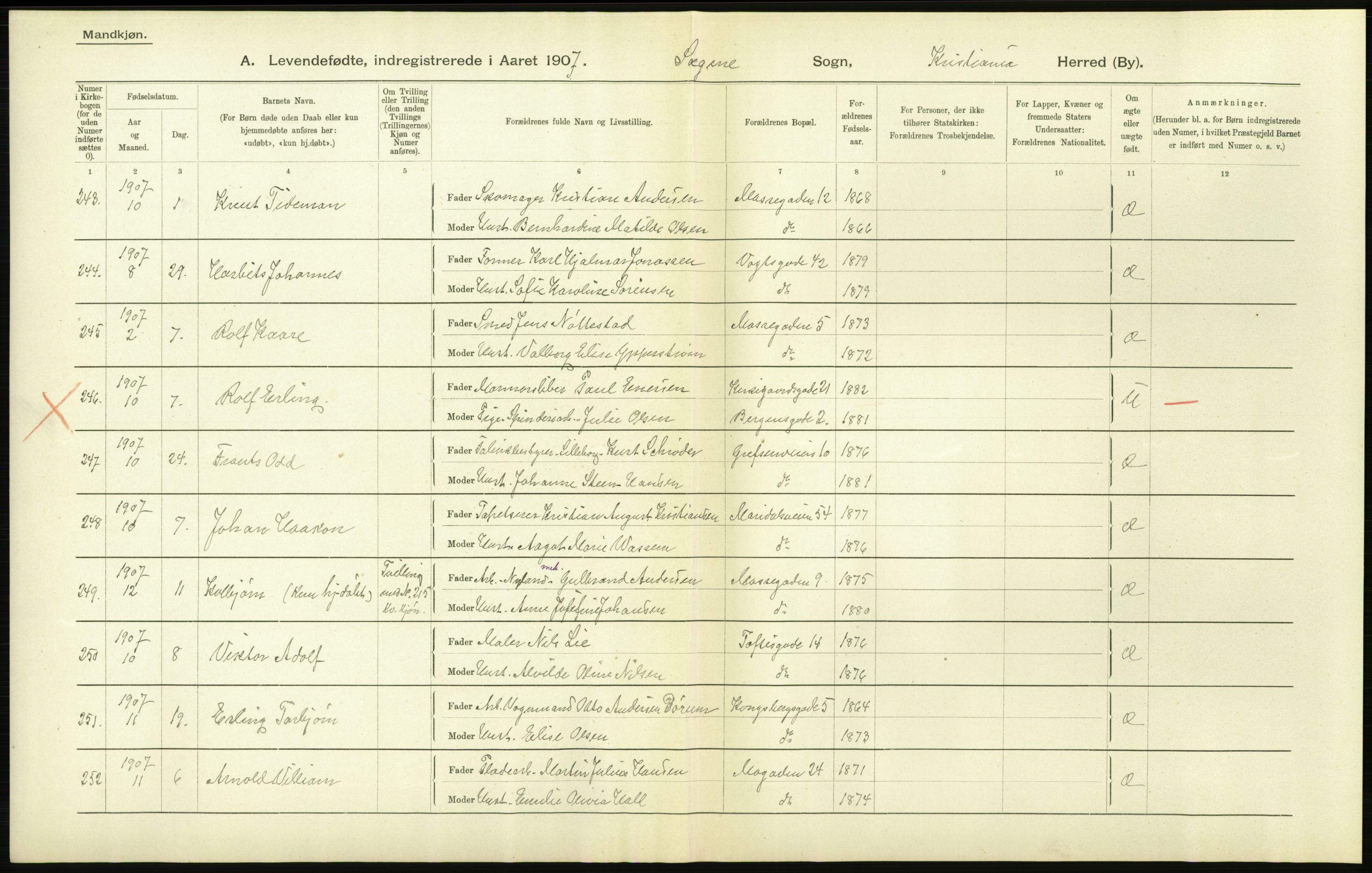 Statistisk sentralbyrå, Sosiodemografiske emner, Befolkning, AV/RA-S-2228/D/Df/Dfa/Dfae/L0006: Kristiania: Levendefødte menn og kvinner., 1907, p. 682