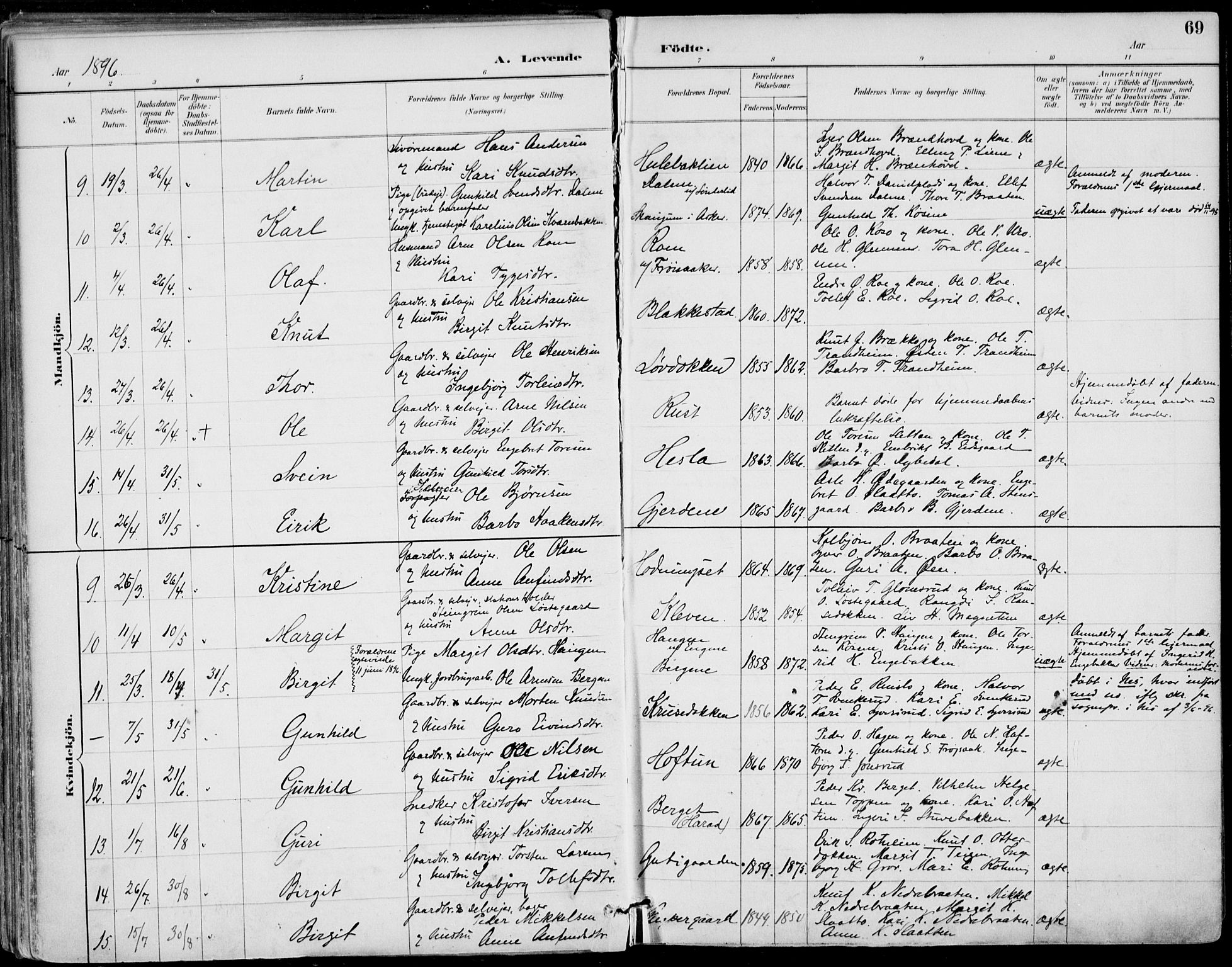 Gol kirkebøker, AV/SAKO-A-226/F/Fa/L0005: Parish register (official) no. I 5, 1887-1900, p. 69