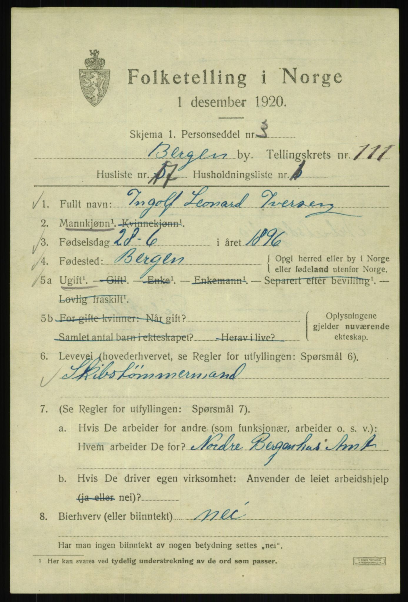 SAB, 1920 census for Bergen, 1920, p. 191489