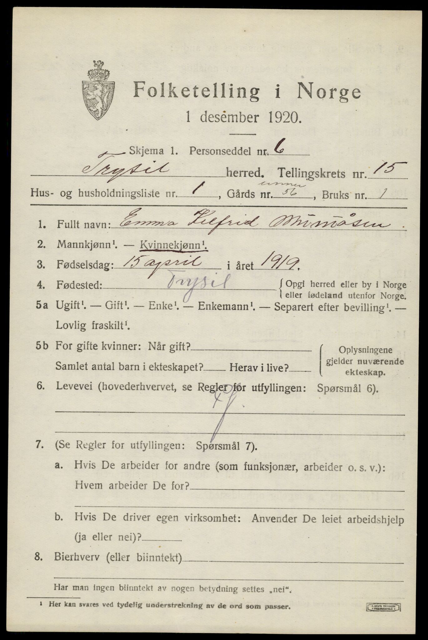 SAH, 1920 census for Trysil, 1920, p. 8795