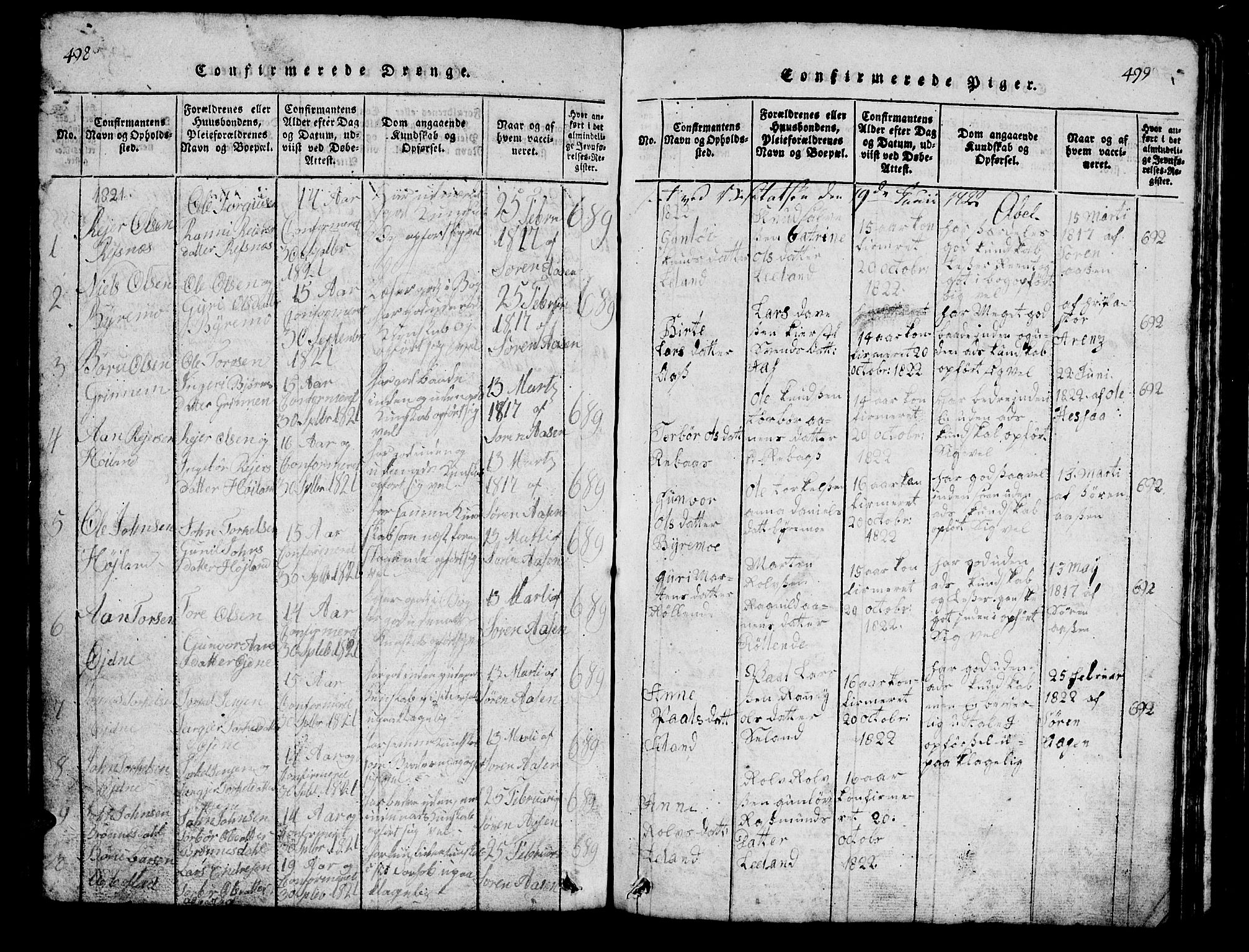 Bjelland sokneprestkontor, SAK/1111-0005/F/Fb/Fbc/L0001: Parish register (copy) no. B 1, 1815-1870, p. 498-499