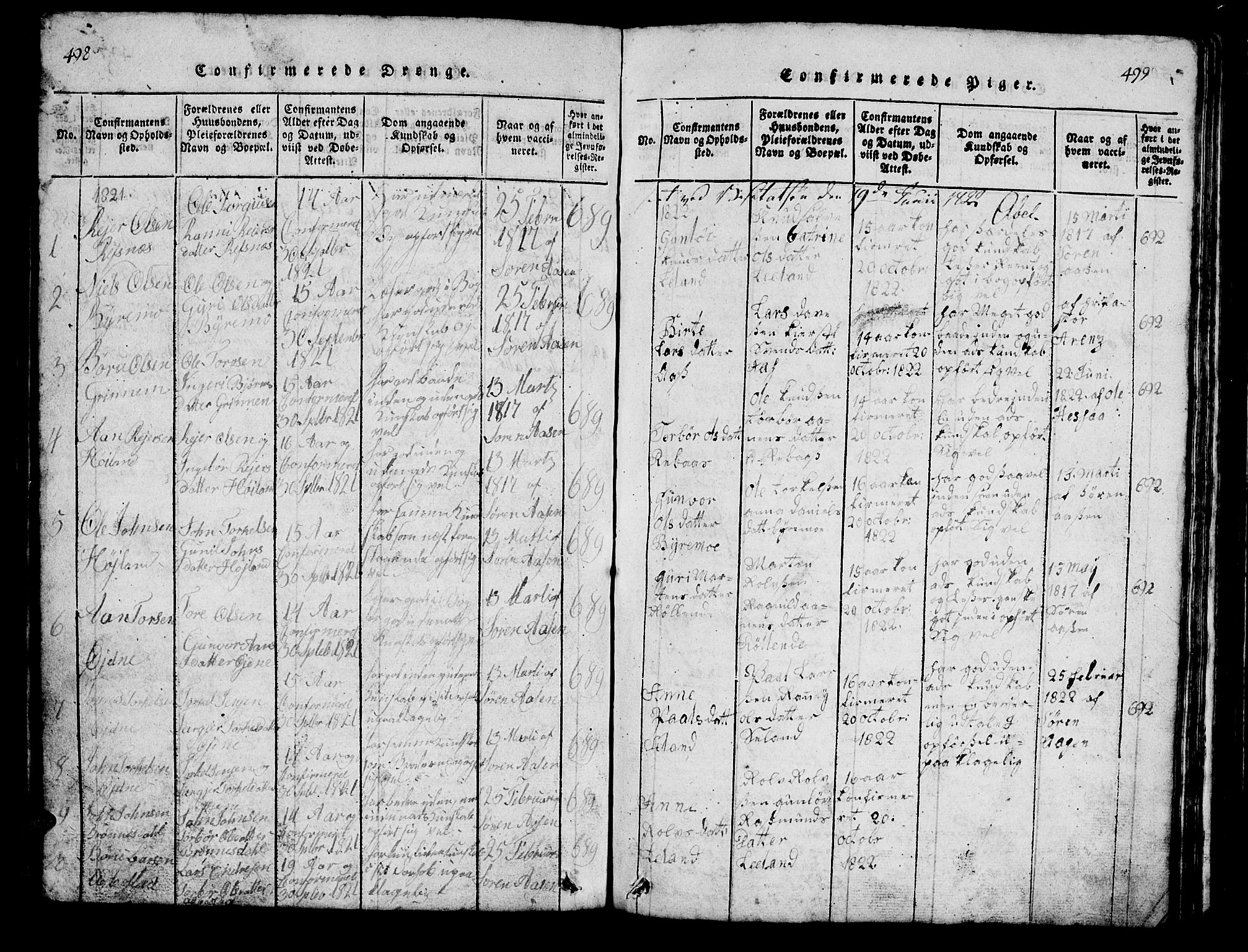 Bjelland sokneprestkontor, AV/SAK-1111-0005/F/Fb/Fbc/L0001: Parish register (copy) no. B 1, 1815-1870, p. 498-499