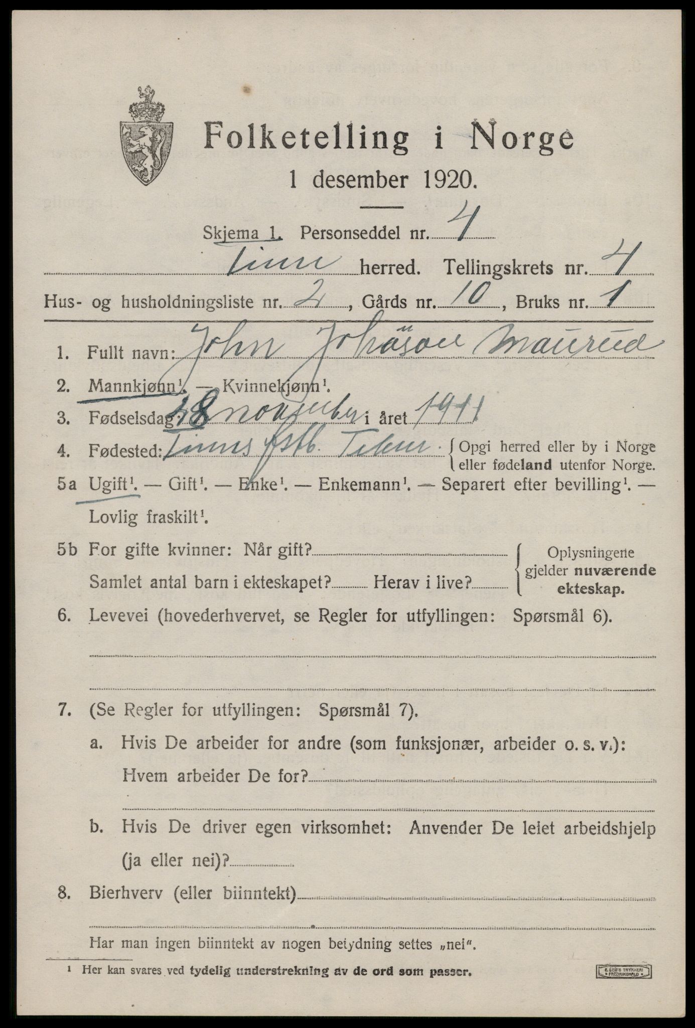 SAKO, 1920 census for Tinn, 1920, p. 3822