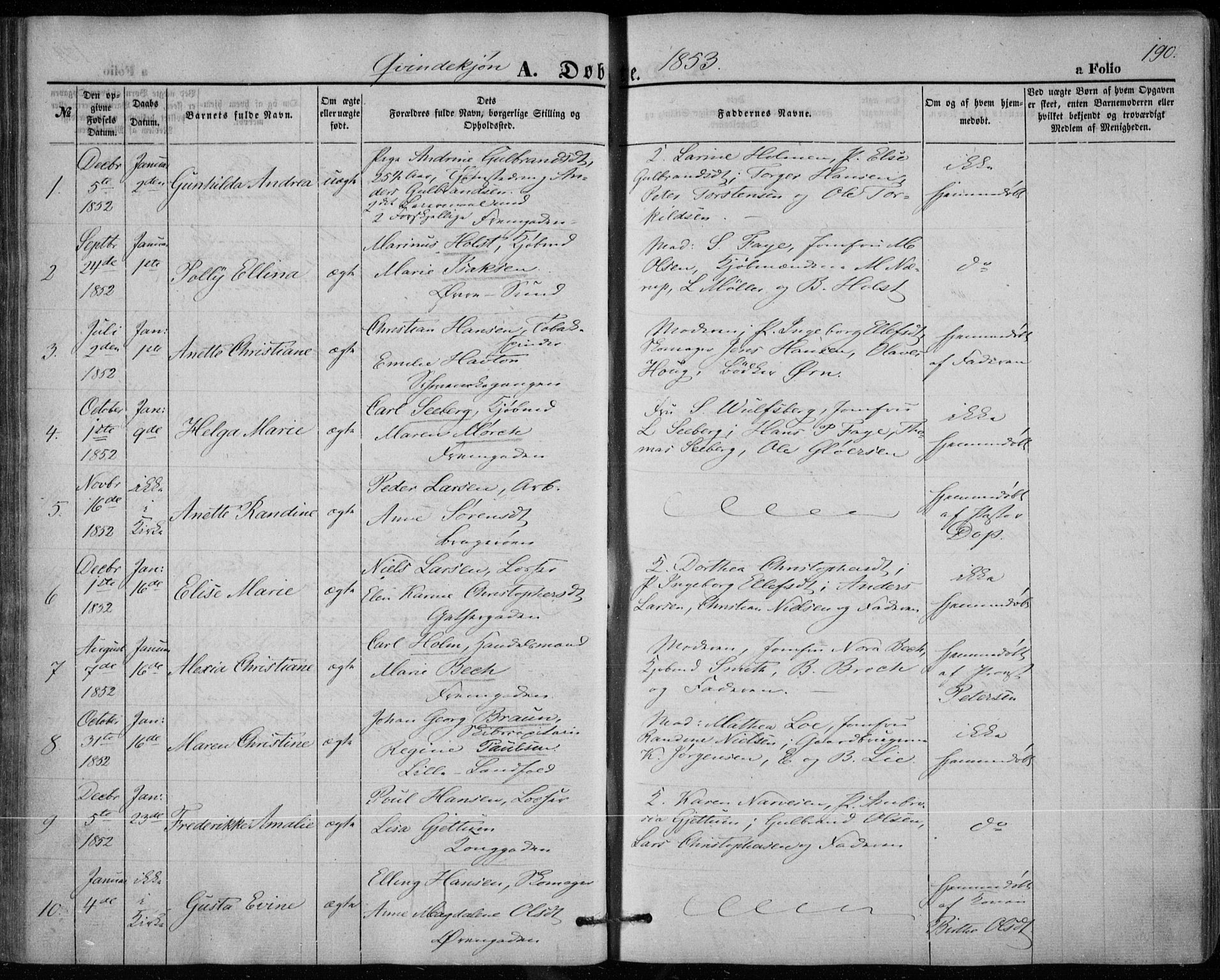 Bragernes kirkebøker, AV/SAKO-A-6/F/Fb/L0002: Parish register (official) no. II 2, 1848-1859, p. 190