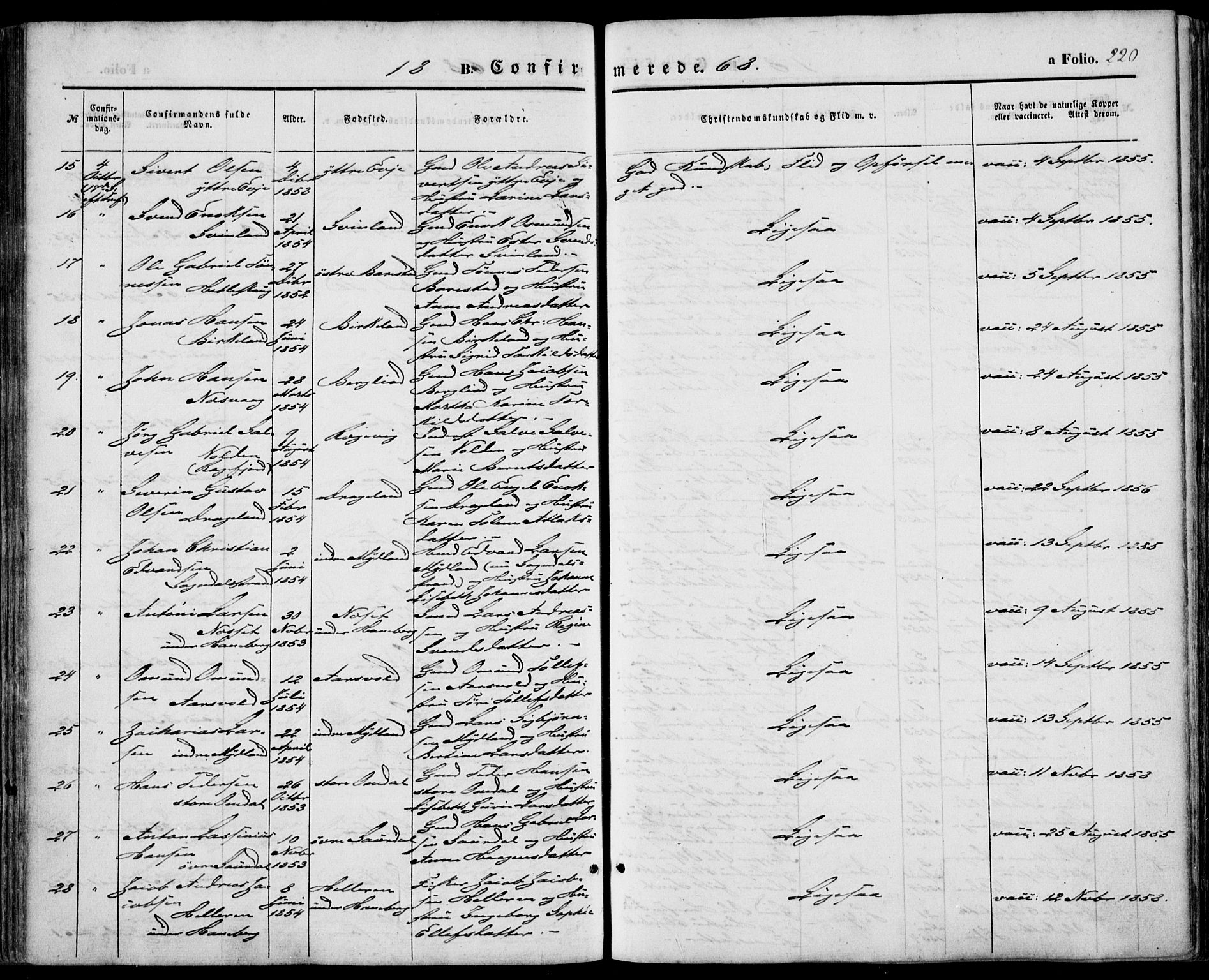 Sokndal sokneprestkontor, AV/SAST-A-101808: Parish register (official) no. A 9, 1857-1874, p. 220