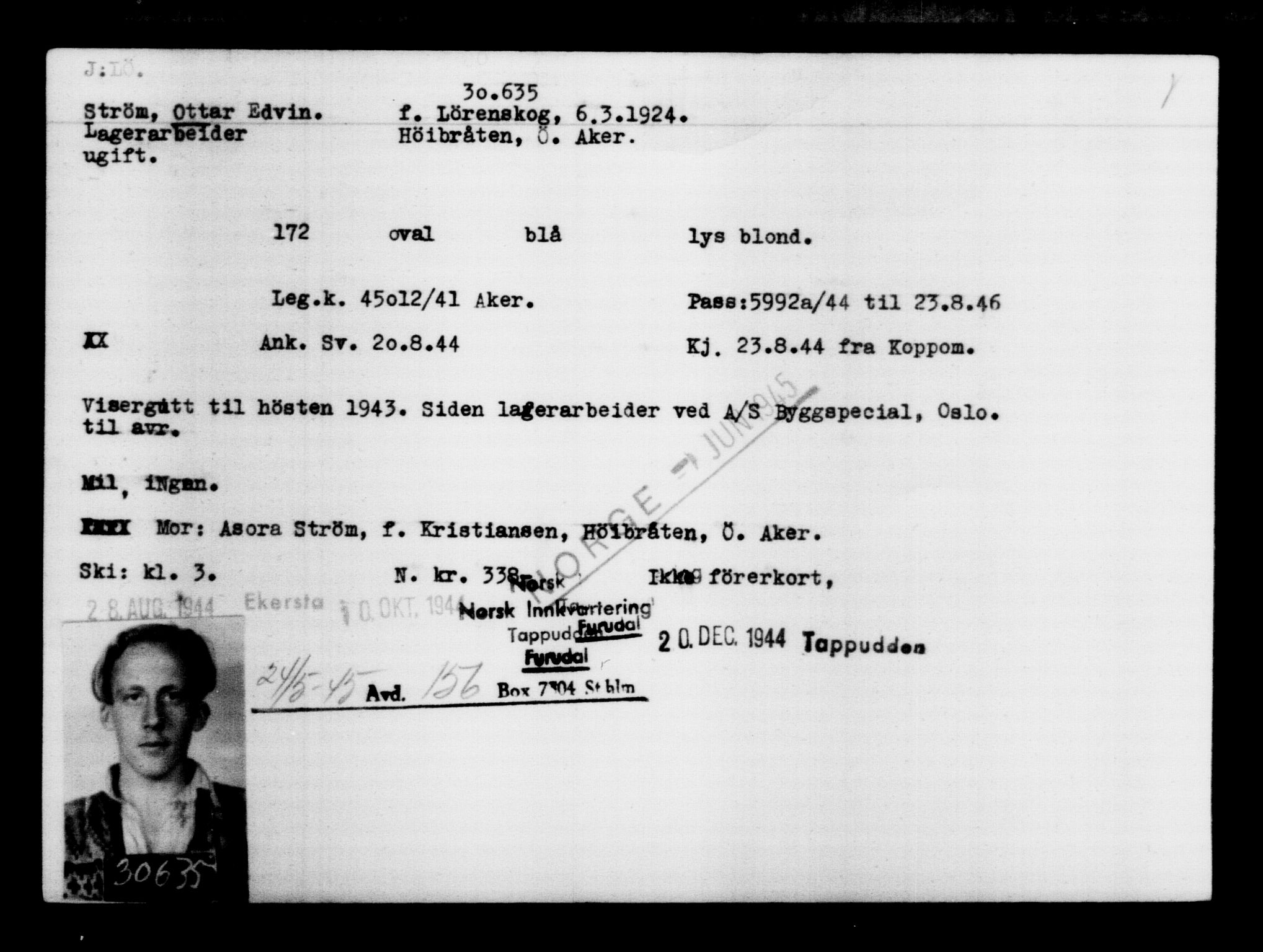 Utenriksstasjonene, Legasjonen i Stockholm, Flyktningkontoret, AV/RA-S-6753/V/Va/L0012: Kjesäterkartoteket, flyktninger med registreringsnr. 28300-31566, 1940-1945, p. 2545