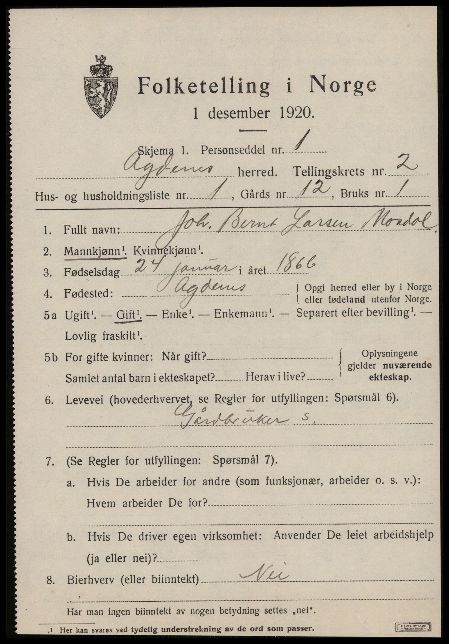 SAT, 1920 census for Agdenes, 1920, p. 1063