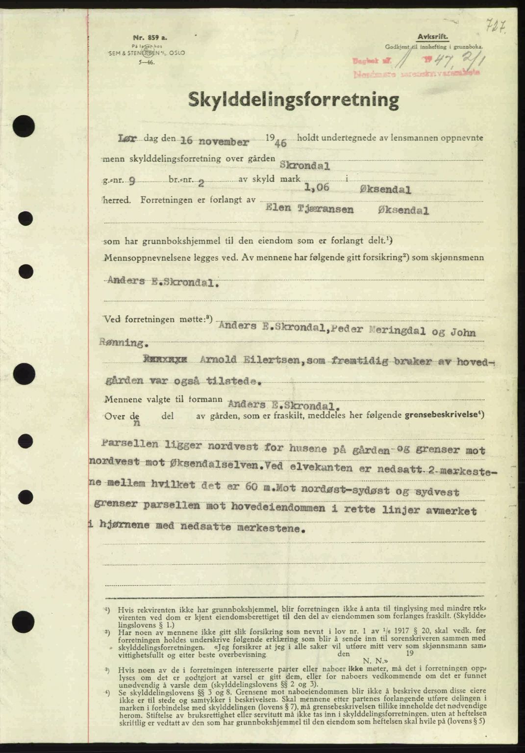 Nordmøre sorenskriveri, AV/SAT-A-4132/1/2/2Ca: Mortgage book no. A103, 1946-1947, Diary no: : 1/1947