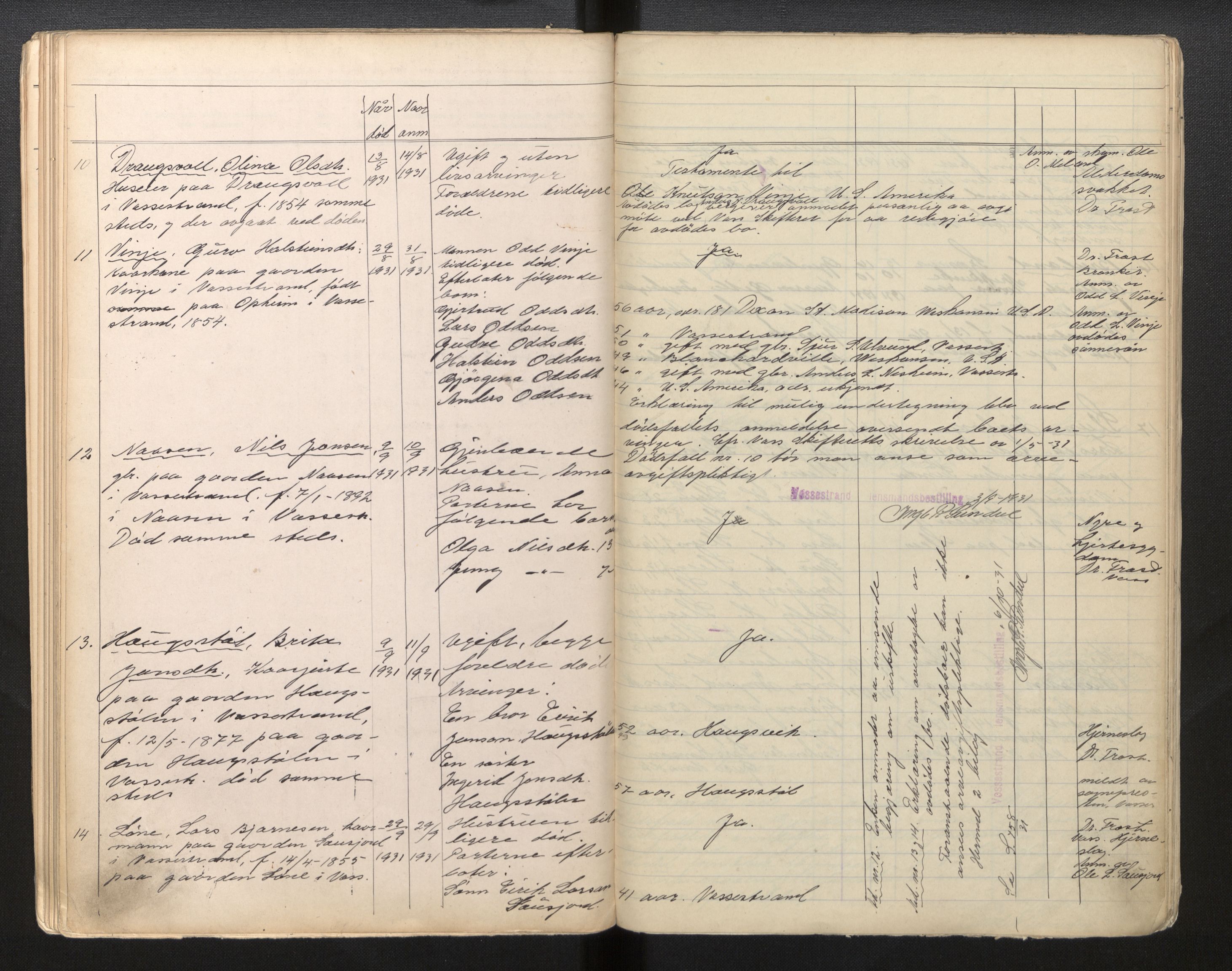 Lensmannen i Vossestrand, AV/SAB-A-35901/0006/L0003: Dødsfallprotokoll, 1917-1934