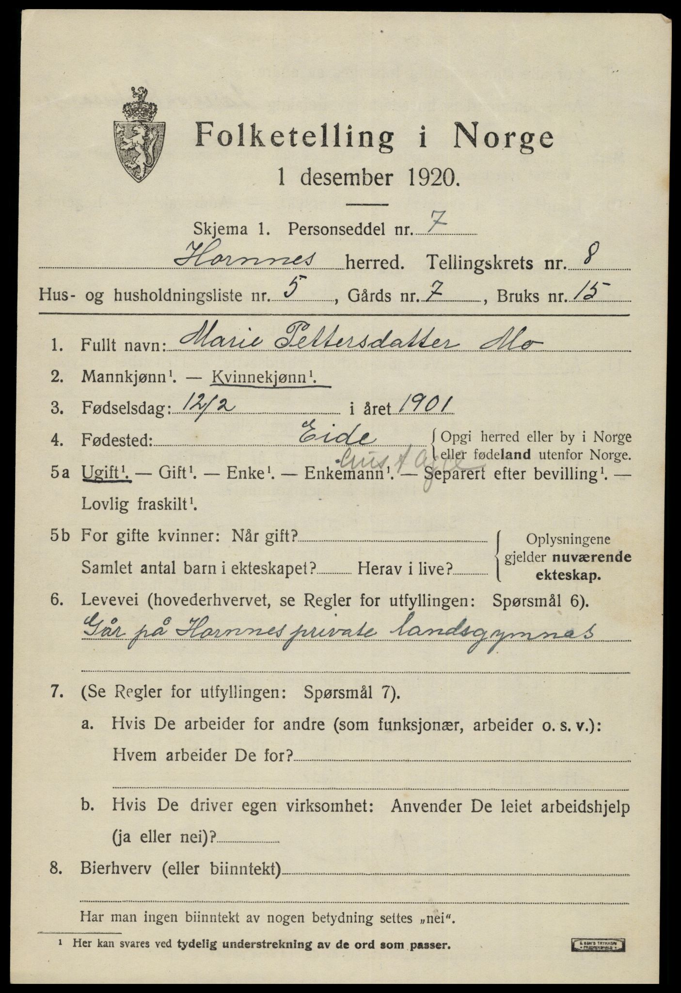SAK, 1920 census for Hornnes, 1920, p. 1843