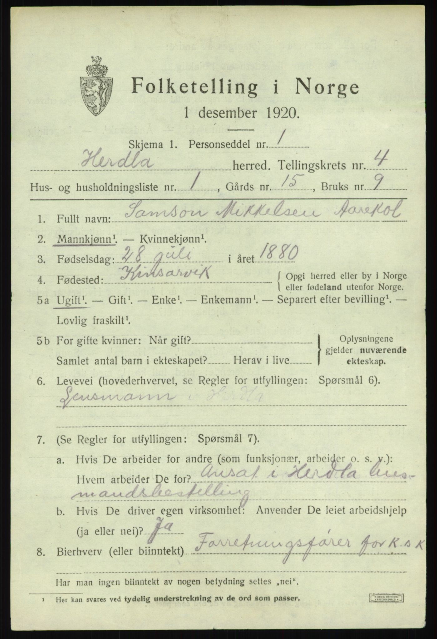 SAB, 1920 census for Herdla, 1920, p. 3305