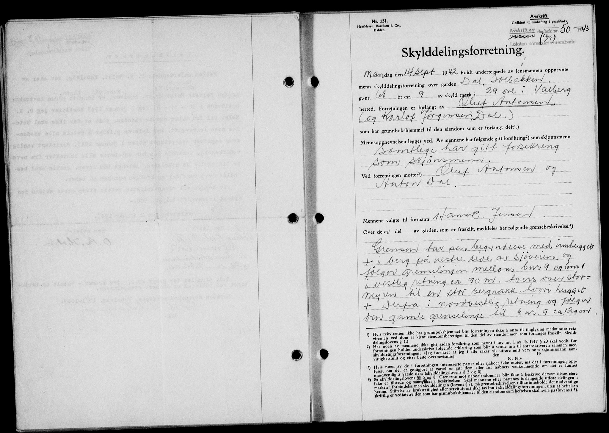 Lofoten sorenskriveri, AV/SAT-A-0017/1/2/2C/L0010a: Mortgage book no. 10a, 1942-1943, Diary no: : 50/1943