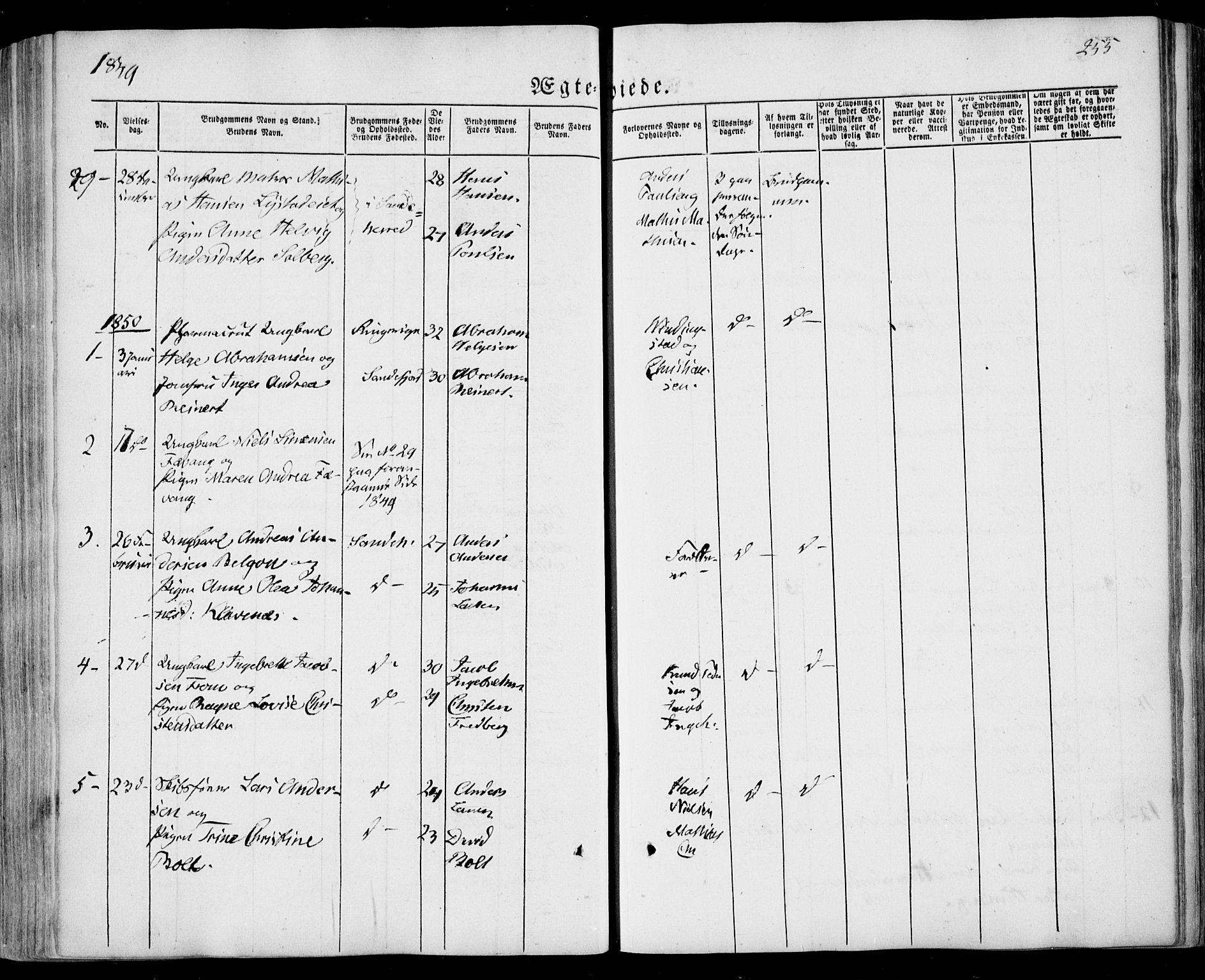 Sandar kirkebøker, SAKO/A-243/F/Fa/L0006: Parish register (official) no. 6, 1847-1860, p. 255