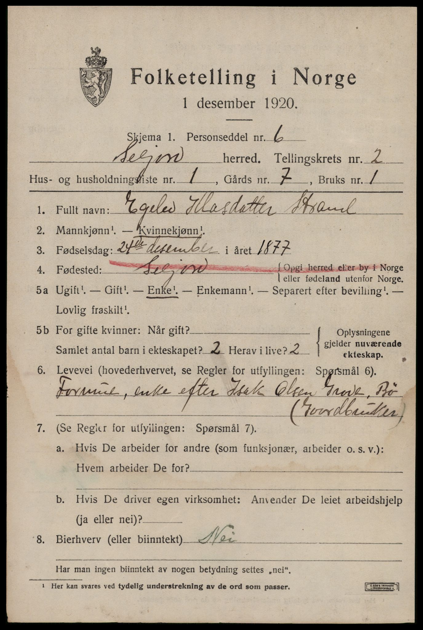 SAKO, 1920 census for Seljord, 1920, p. 1526