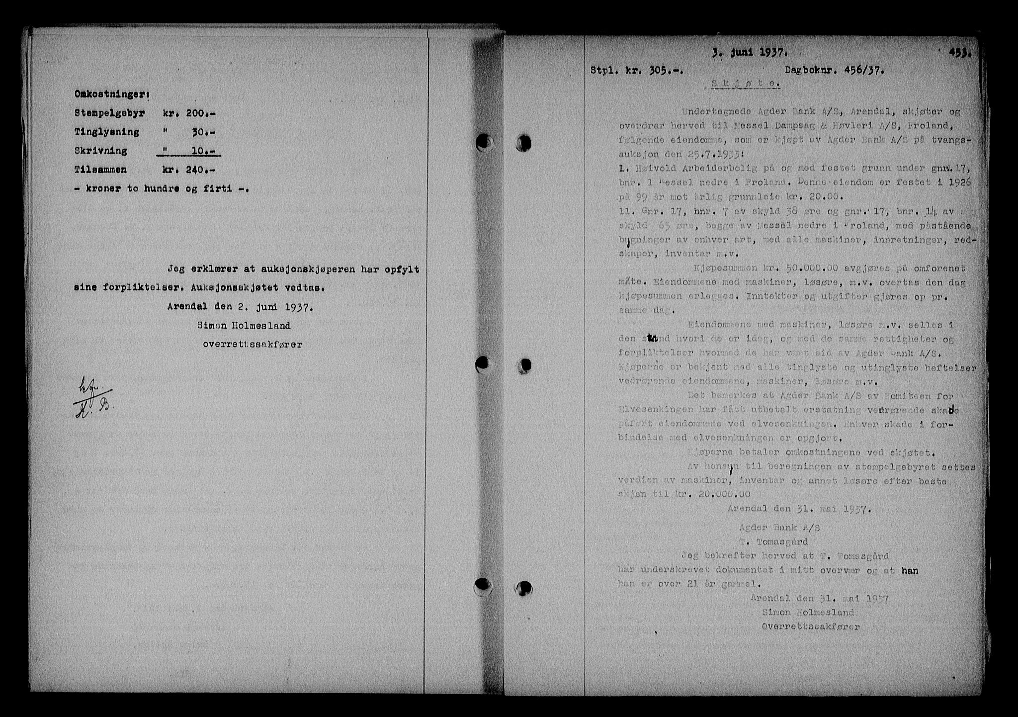 Nedenes sorenskriveri, SAK/1221-0006/G/Gb/Gba/L0043: Mortgage book no. 39, 1936-1937, Diary no: : 456/1937