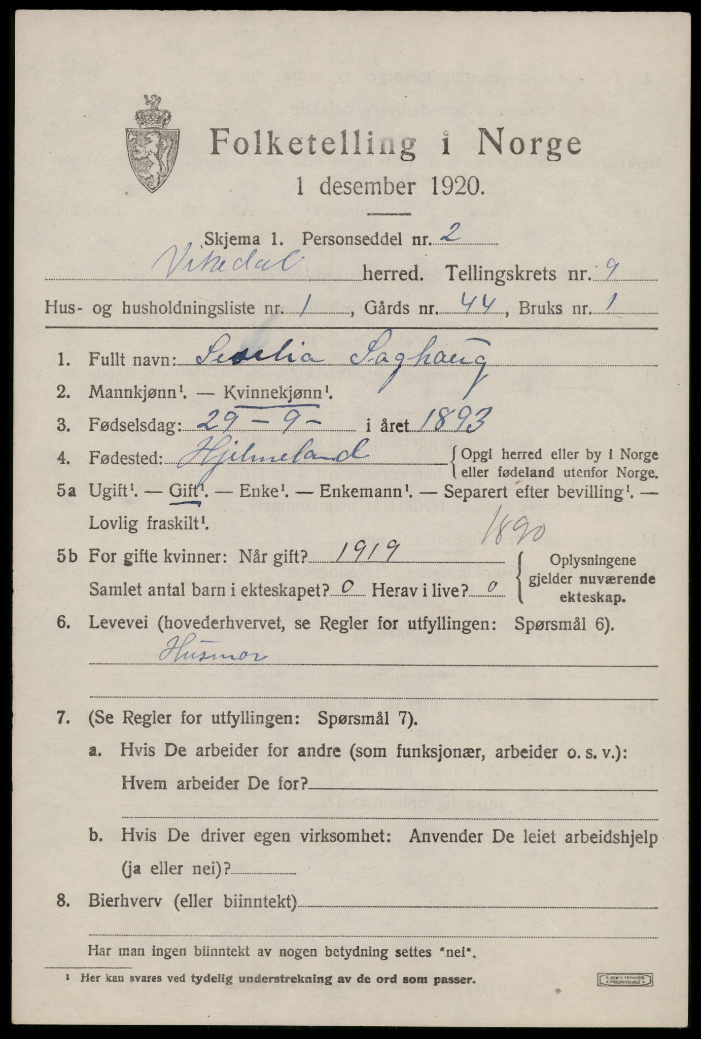 SAST, 1920 census for Vikedal, 1920, p. 2925