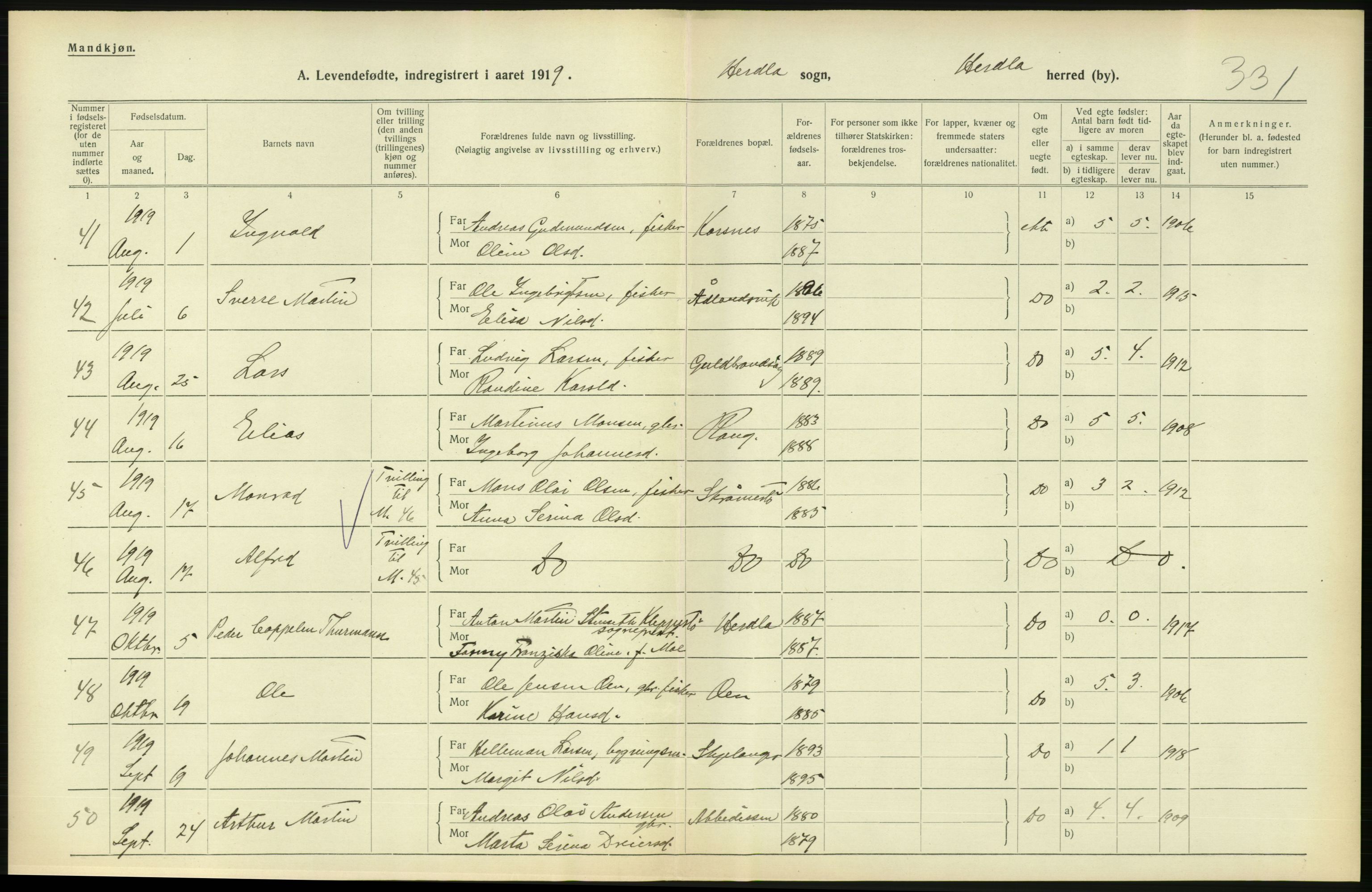 Statistisk sentralbyrå, Sosiodemografiske emner, Befolkning, RA/S-2228/D/Df/Dfb/Dfbi/L0031: Hordaland fylke: Levendefødte menn og kvinner. Bygder., 1919, p. 466