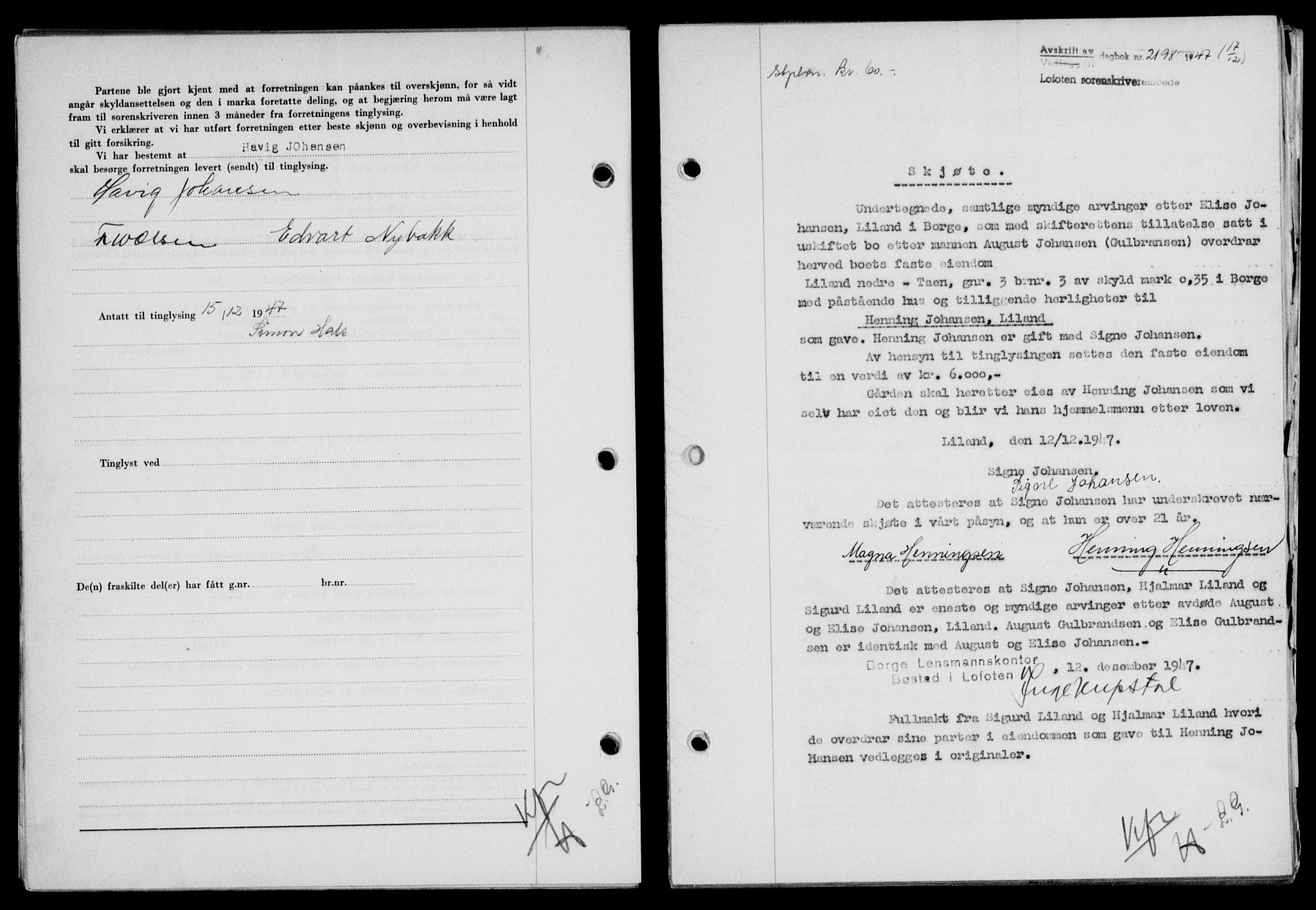 Lofoten sorenskriveri, SAT/A-0017/1/2/2C/L0017a: Mortgage book no. 17a, 1947-1948, Diary no: : 2198/1947