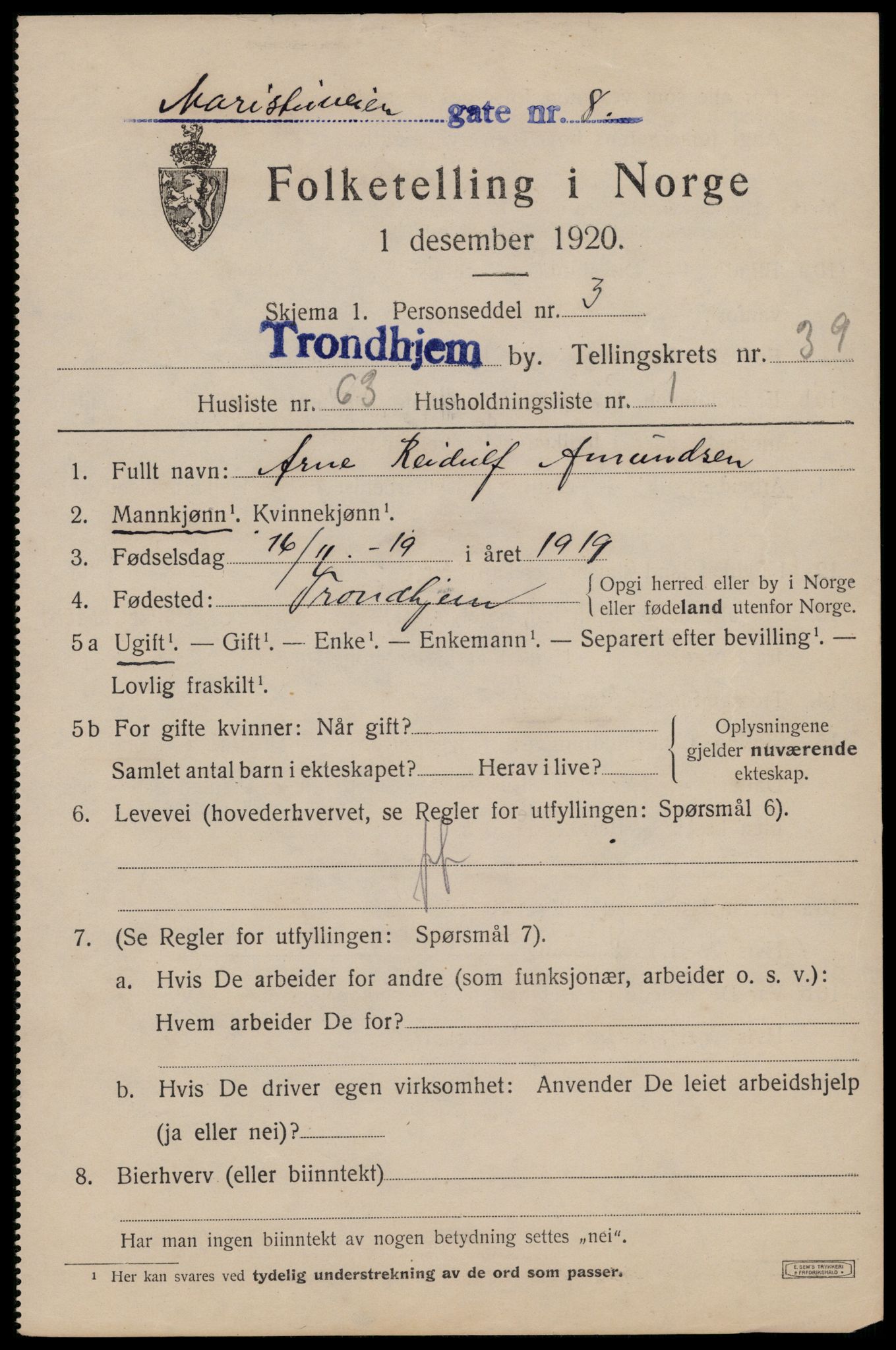 SAT, 1920 census for Trondheim, 1920, p. 89408