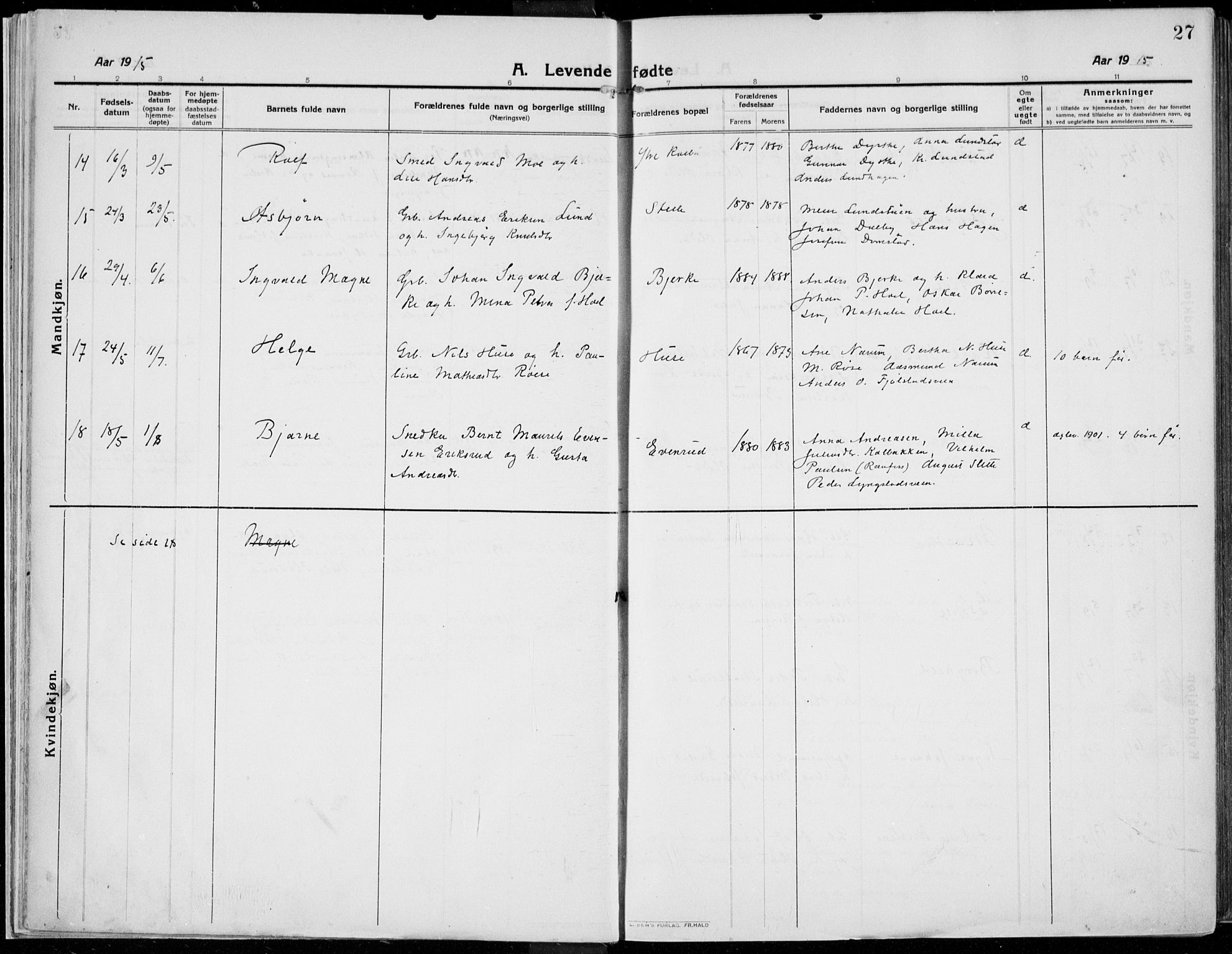 Kolbu prestekontor, AV/SAH-PREST-110/H/Ha/Haa/L0002: Parish register (official) no. 2, 1912-1926, p. 27