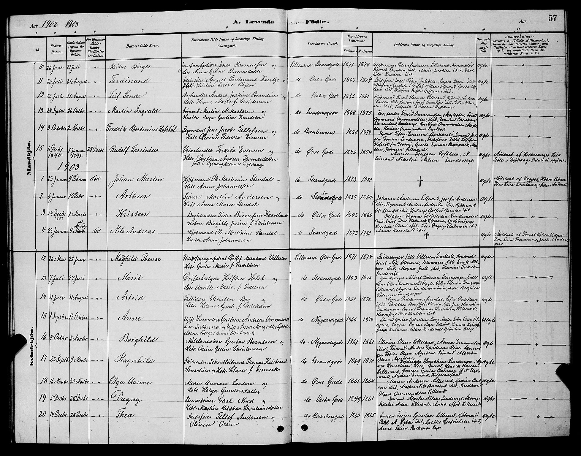 Vestre Moland sokneprestkontor, SAK/1111-0046/F/Fb/Fba/L0001: Parish register (copy) no. B 1, 1884-1903, p. 57